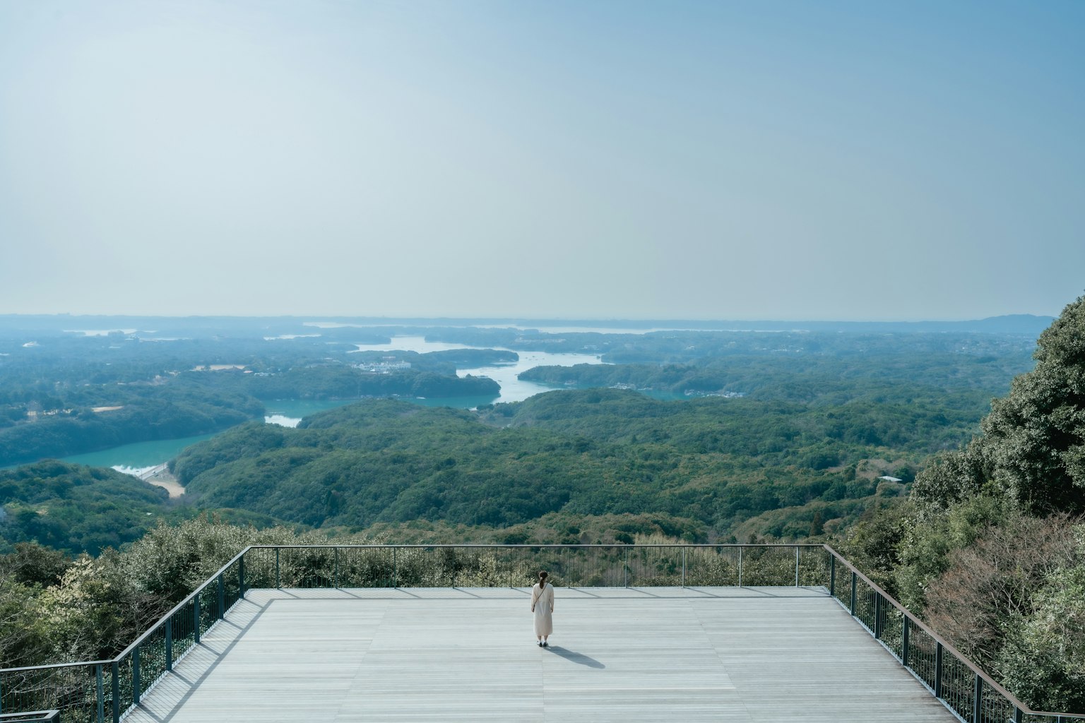 Silhouette of a person standing against a vast green landscape and blue sky