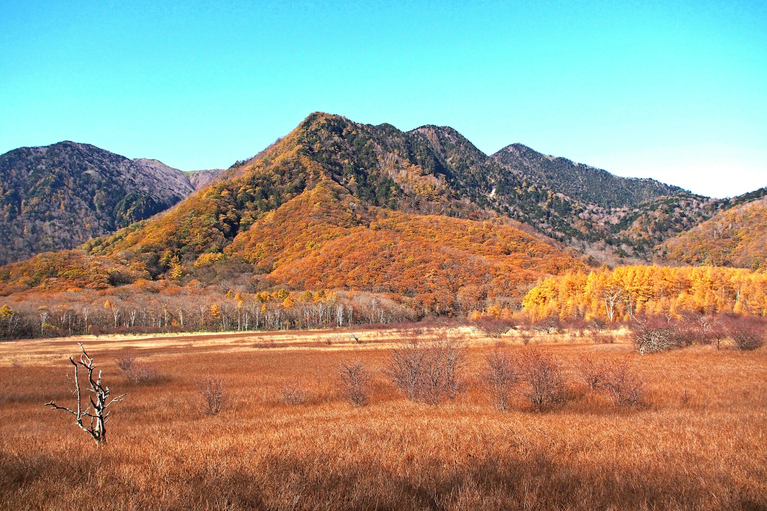 Paisaje de montañas de otoño y praderas bajo un cielo azul