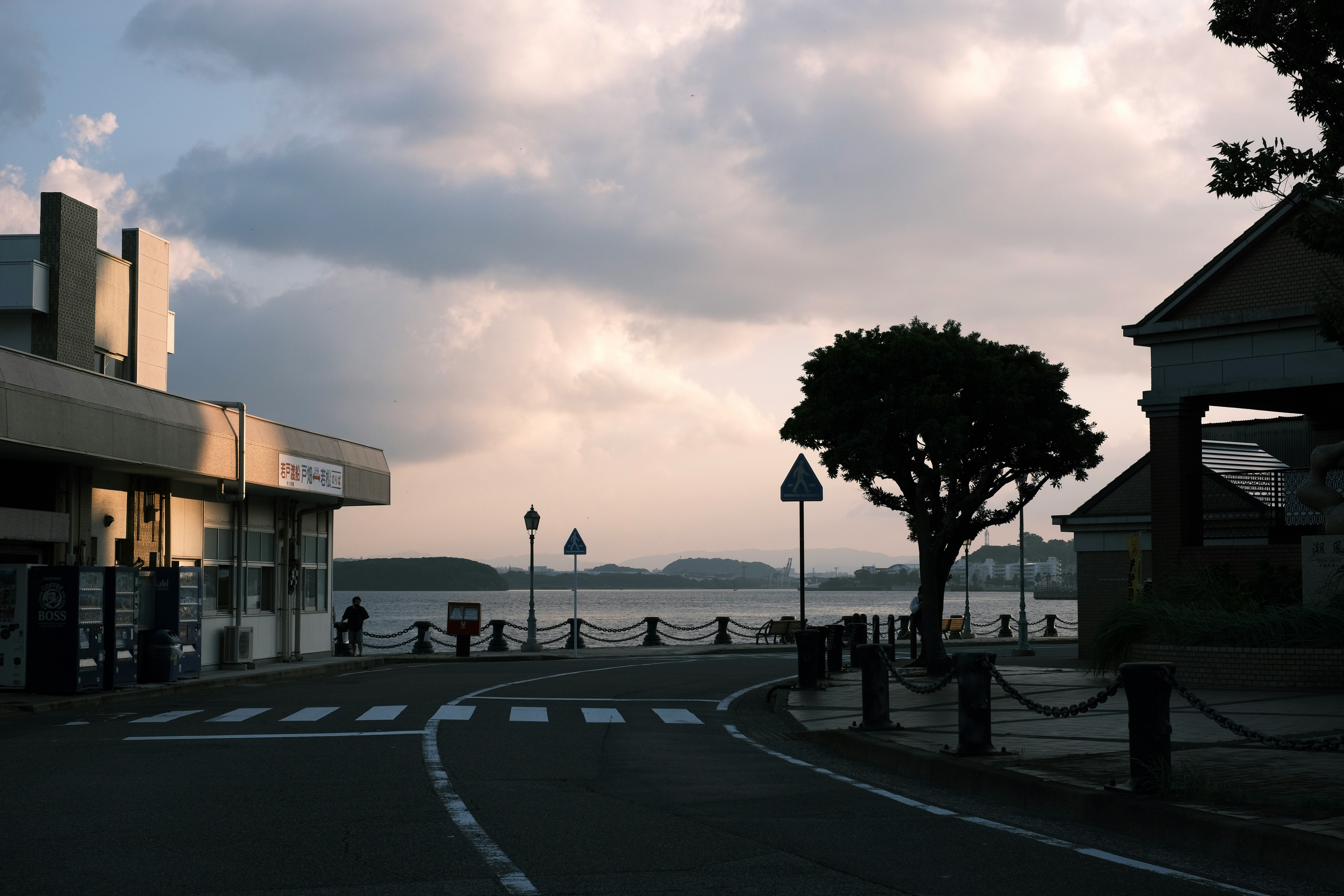 夕暮れの海沿いの道と街灯のある交差点