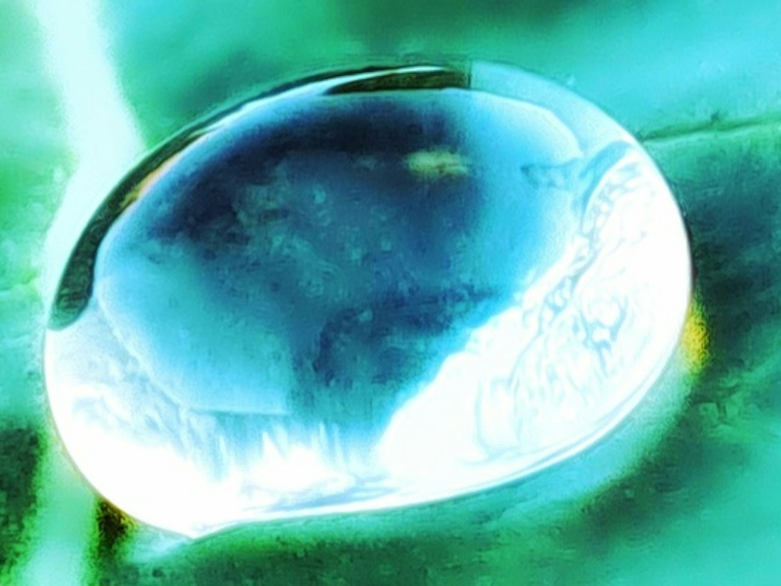 A shiny water droplet on a green background