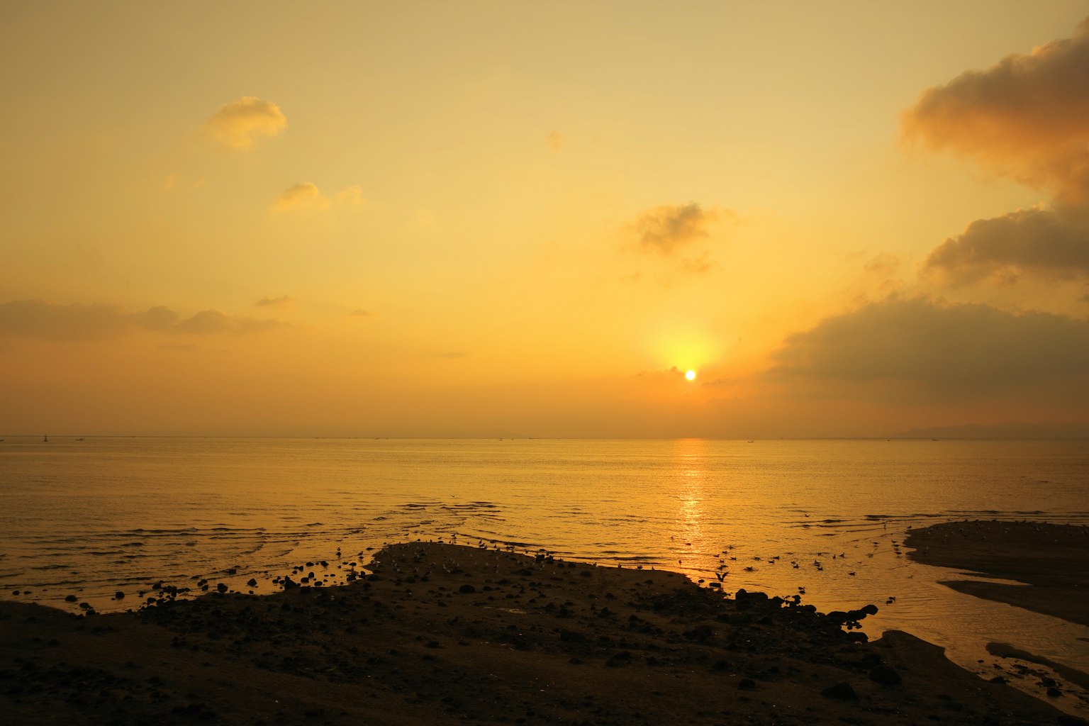 Sunset over the ocean with rocky shore and calm water
