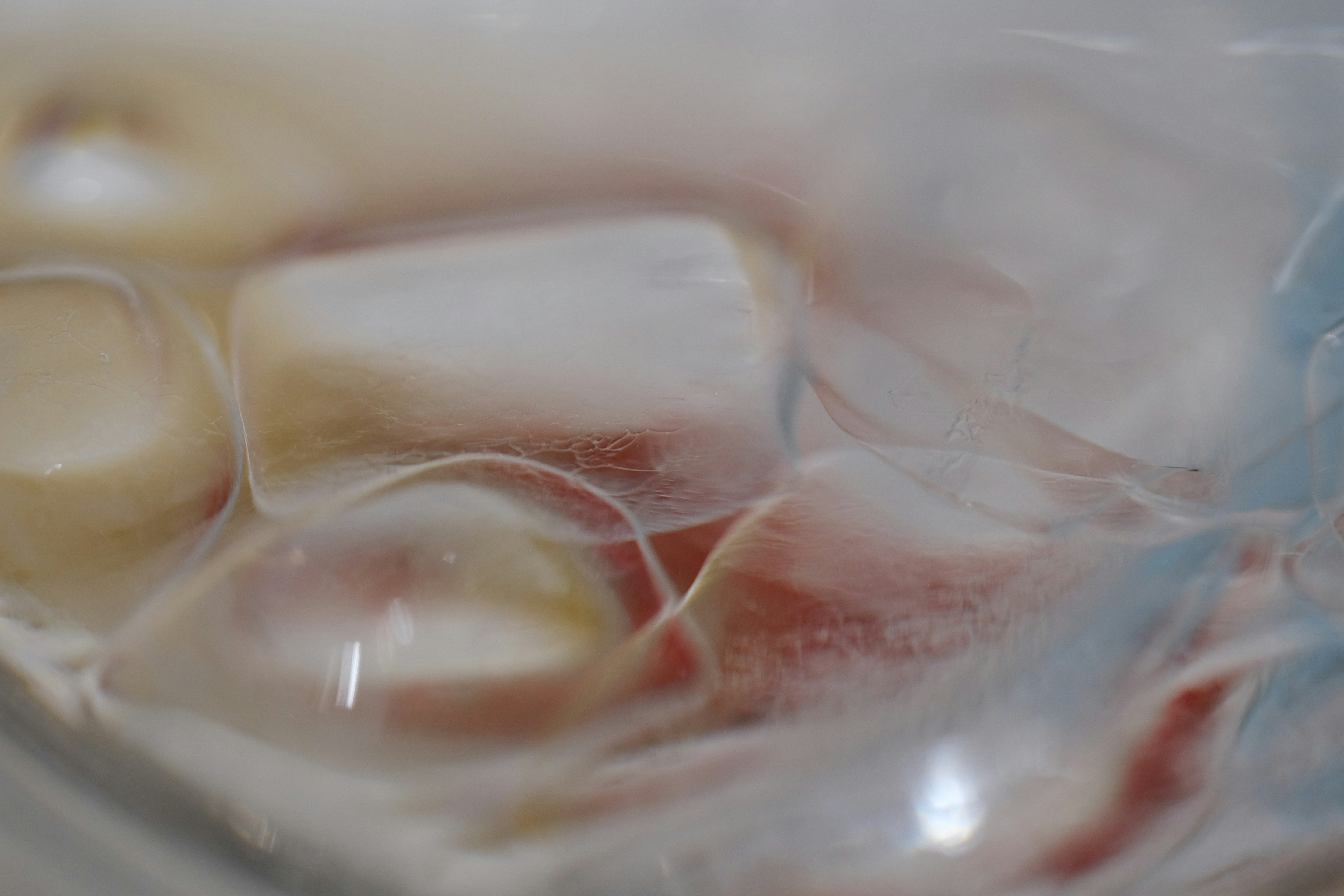 透明な容器の中で泡立つ液体と食材の断片