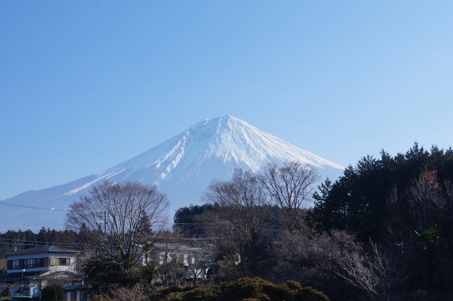 雪覆盖的富士山峰映衬在晴朗的蓝天中