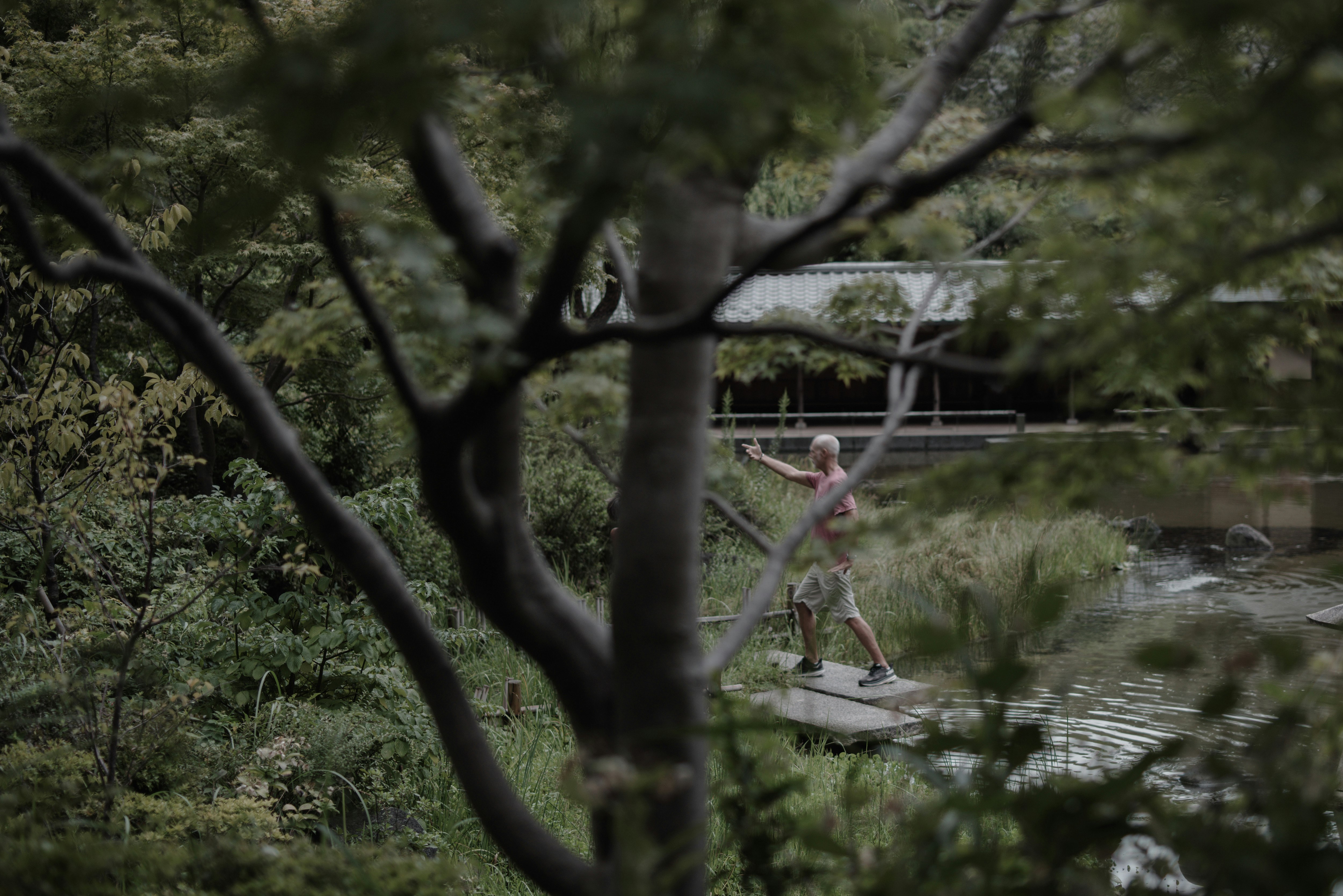 公園の池のそばで遊ぶ子どもたち