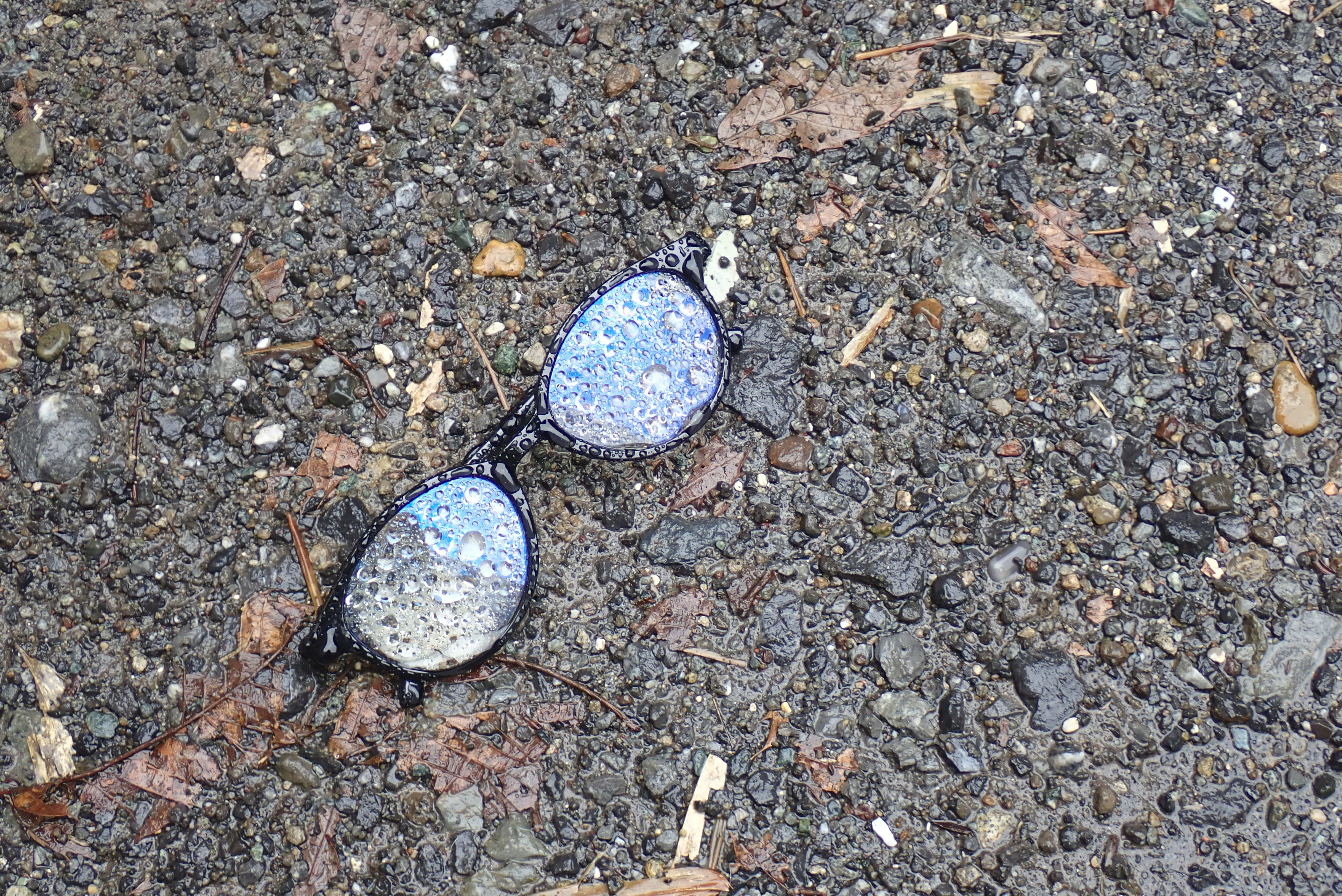 雨上がりの濡れた路面に落ちた眼鏡