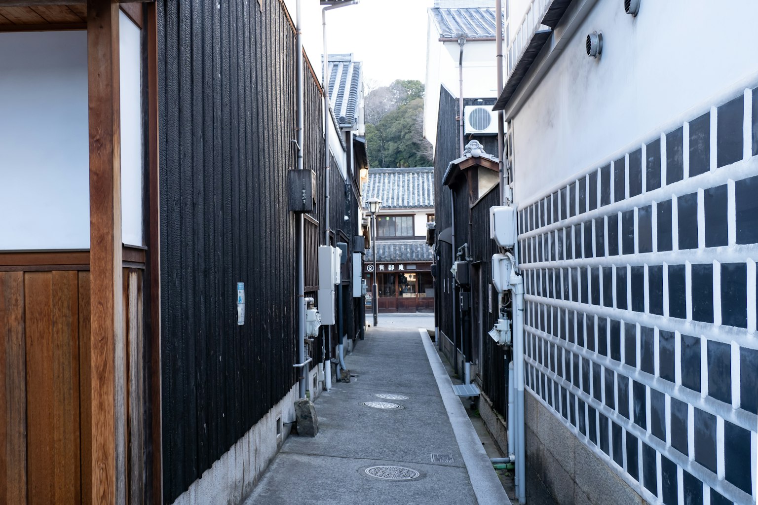 Callejón estrecho flanqueado por edificios tradicionales japoneses
