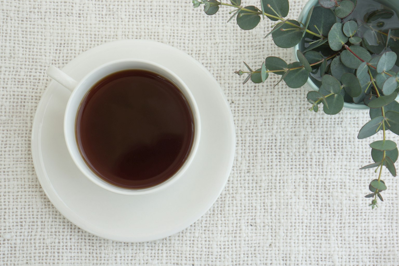 กาแฟดำในถ้วยขาวข้างใบยูคาลิปตัสสีเขียวบนโต๊ะ