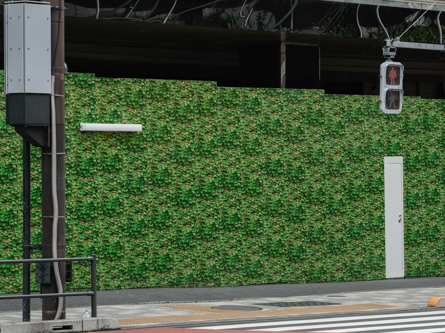 Un mur à motif de feuilles vertes avec une porte blanche