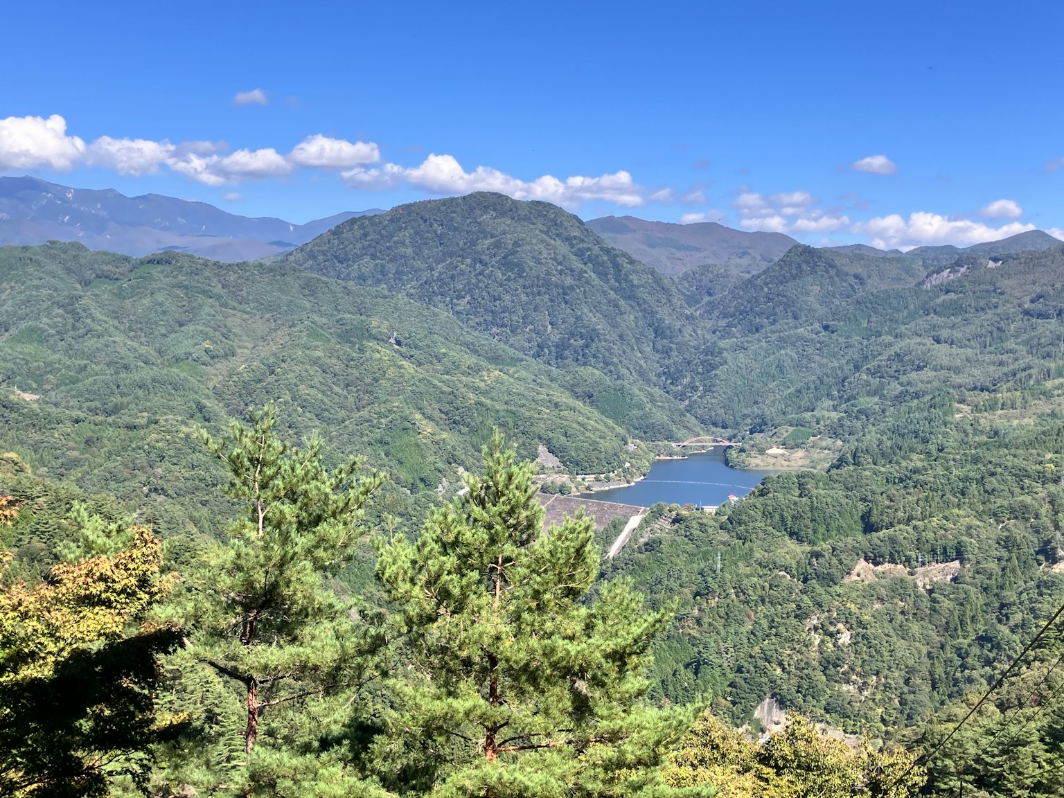 Vista panoramica di montagne e lago vegetazione lussureggiante e cielo blu