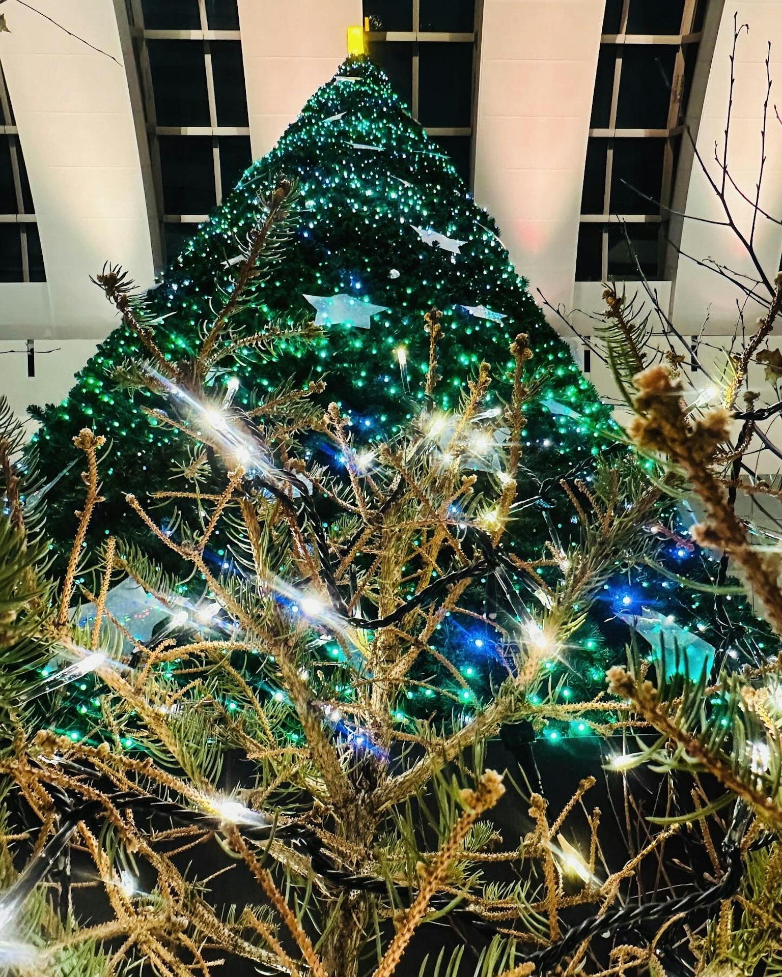 Decorative Christmas tree with green ornaments and blue lights