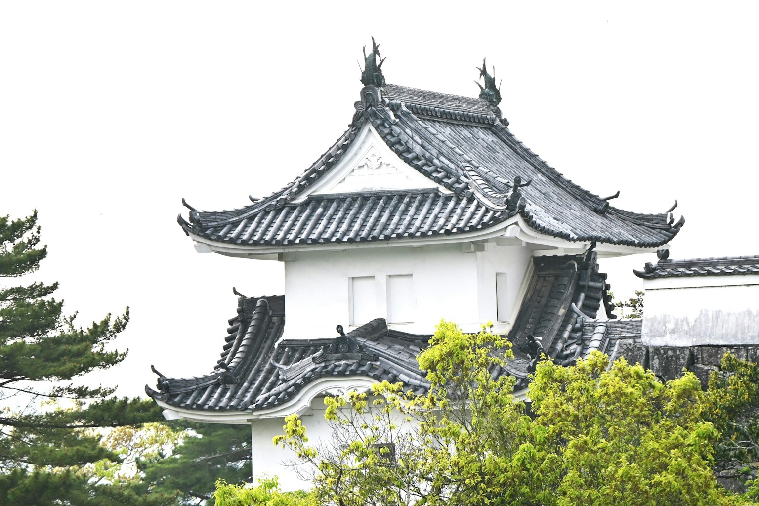 Partie d'un château japonais traditionnel avec des murs blancs et un toit en tuiles noires