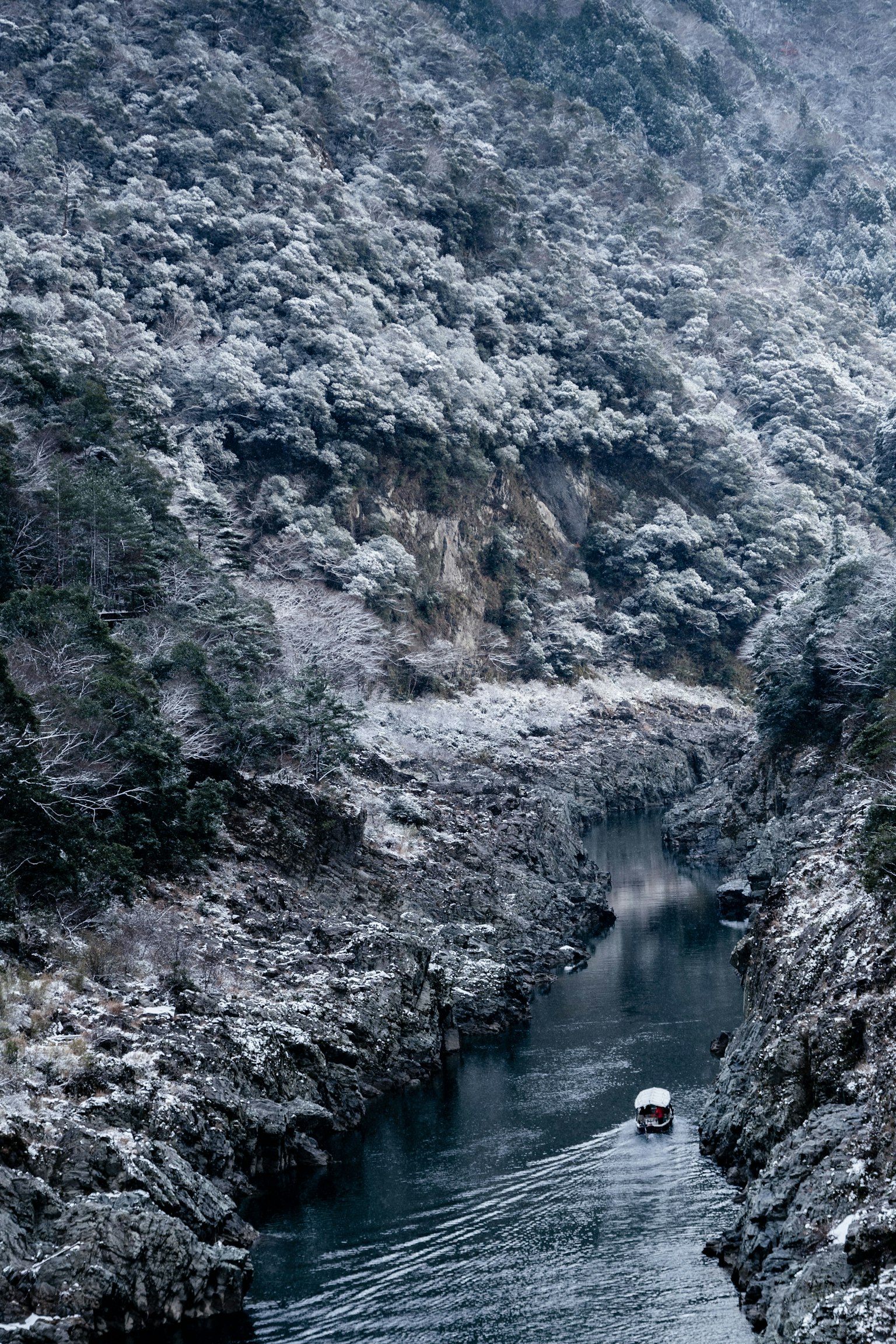 Vue d'une rivière sereine entourée de montagnes enneigées