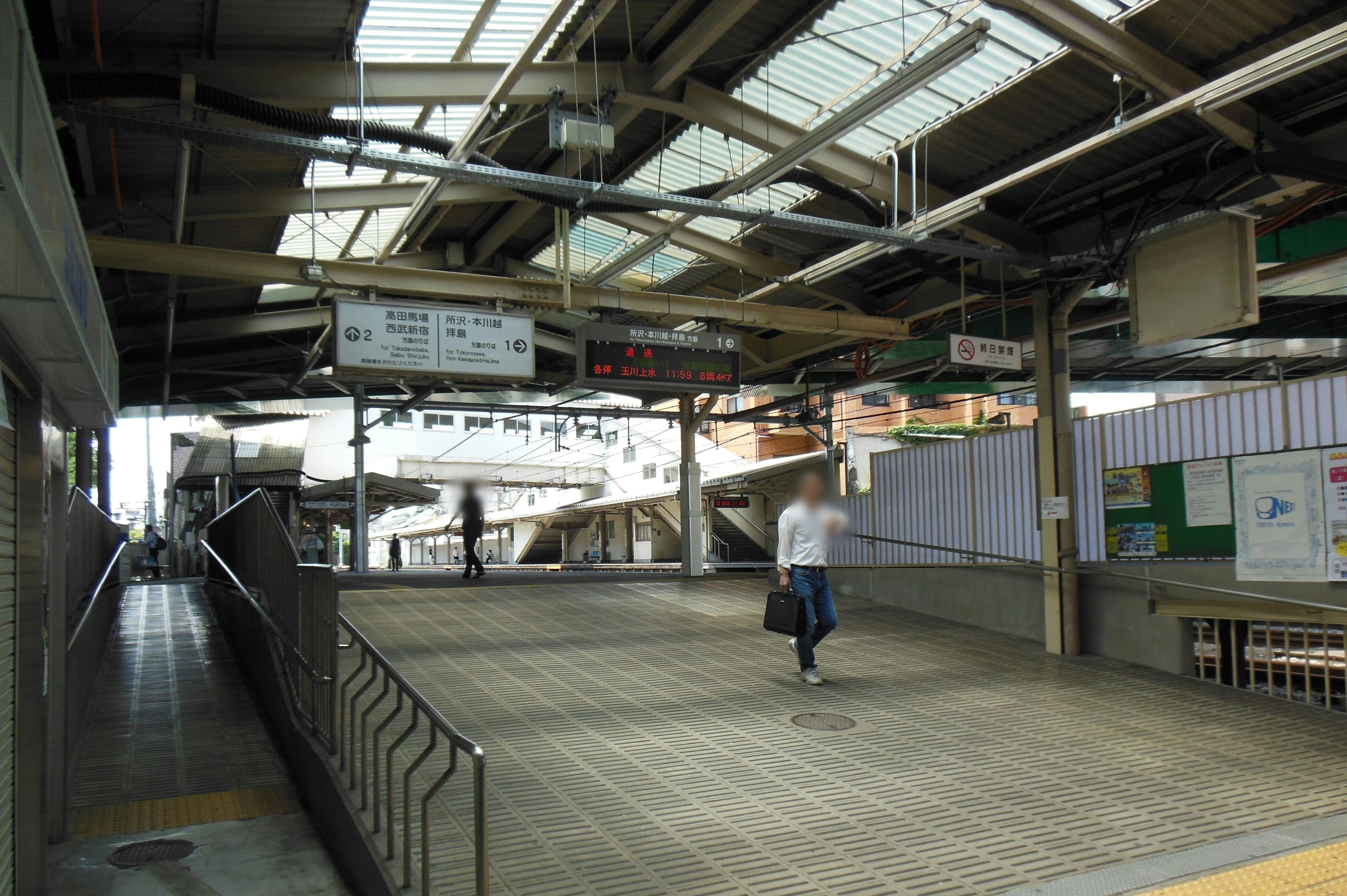 屋根付きの駅ホームで人が歩く風景