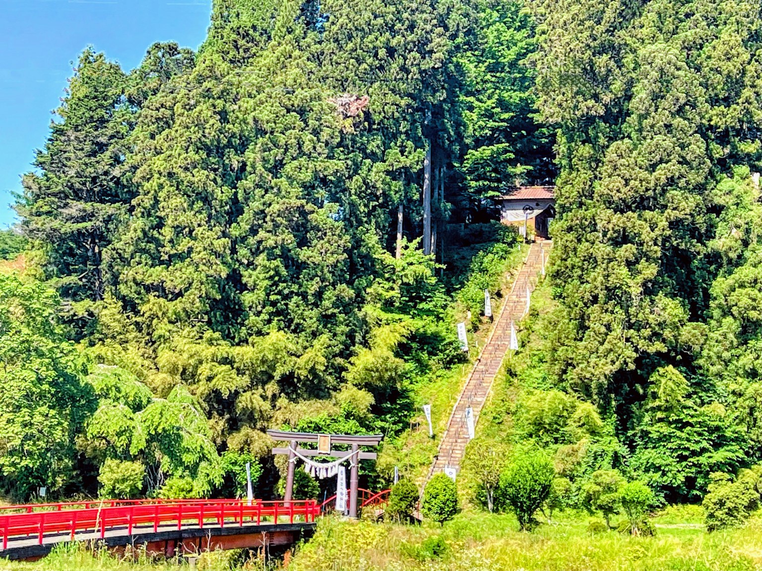 郁郁蔥蔥的山景，有紅橋和石階