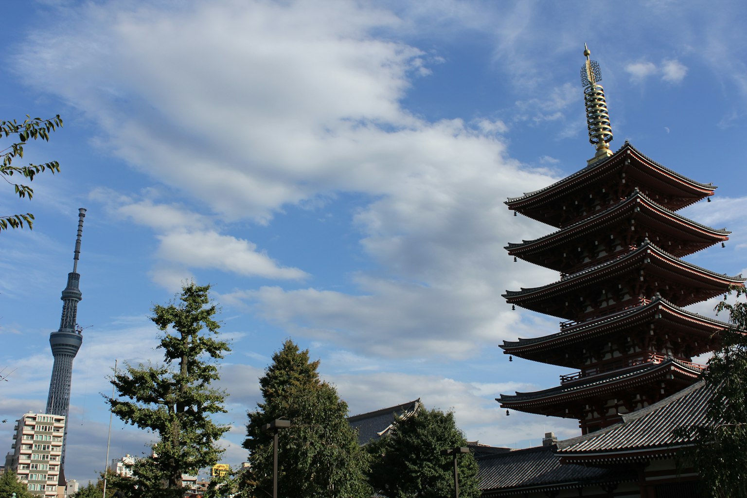 Vista della Tokyo Skytree e della pagoda del tempio Senso-ji contro un cielo blu