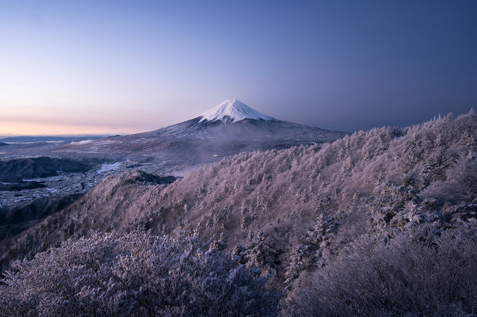 雪覆蓋的山與霧氣彌漫的美麗景觀