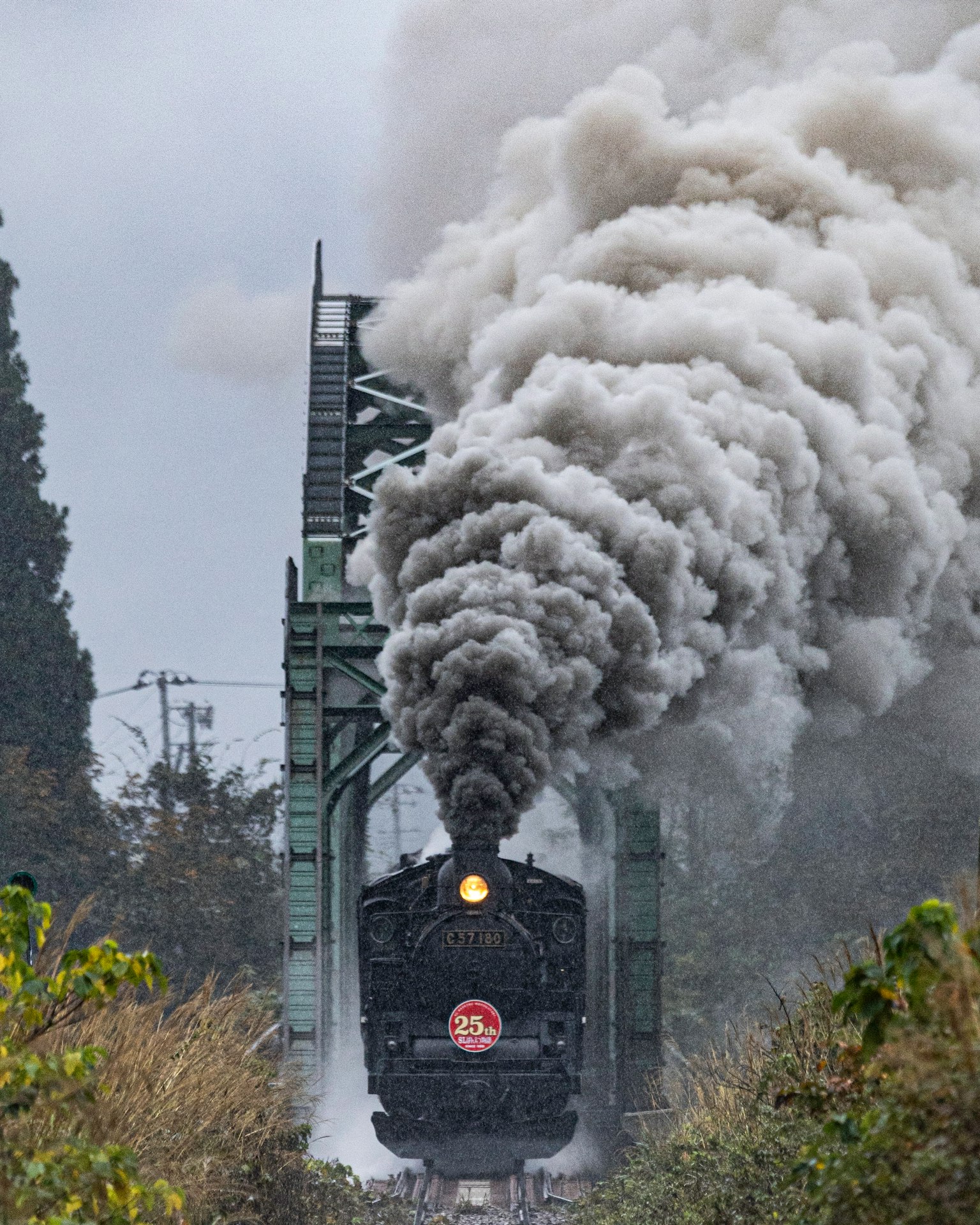 Locomotiva a vapore che emette fumo mentre attraversa un ponte