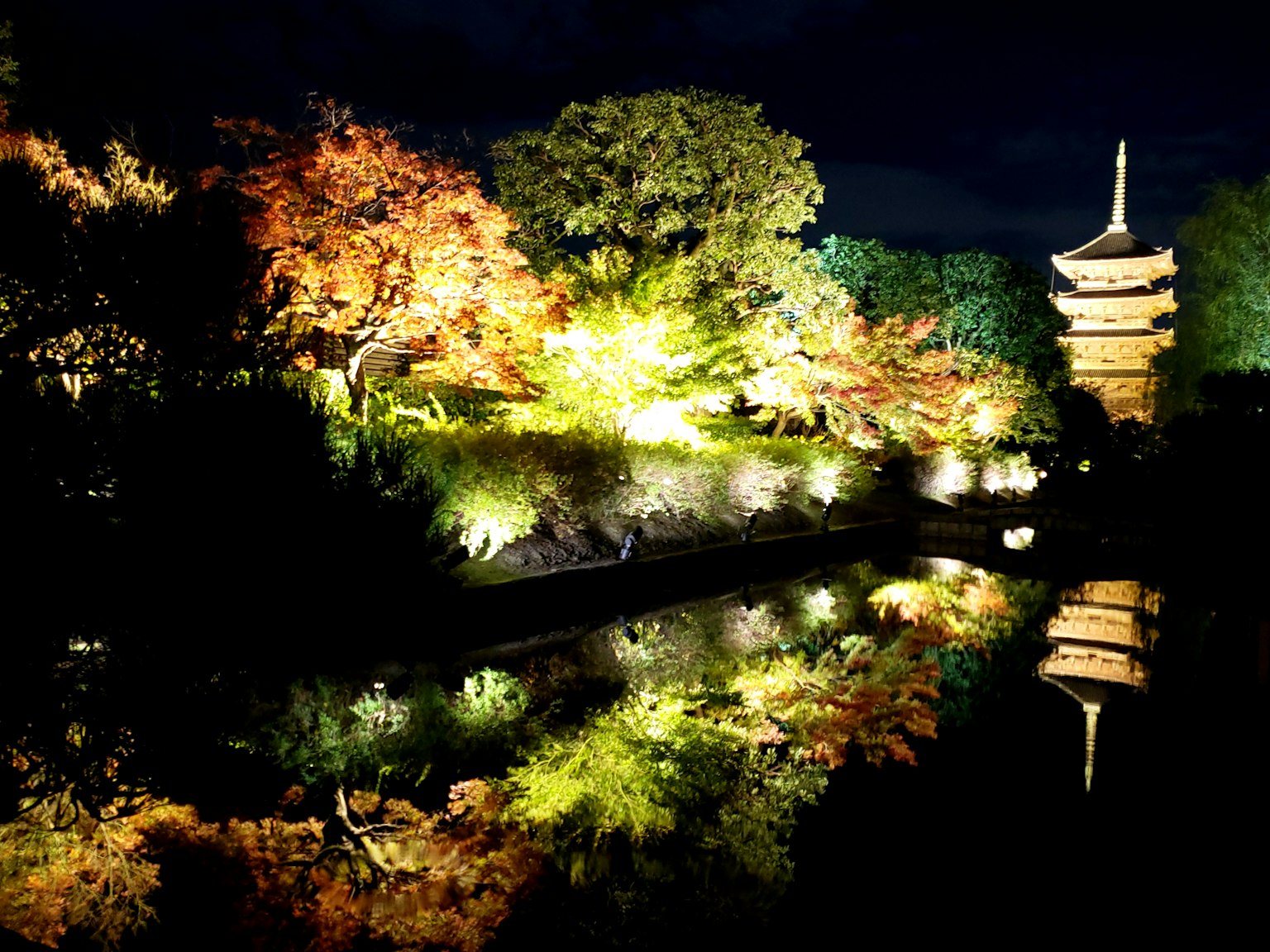 Scenic view of a pagoda and autumn foliage reflected in a pond at night