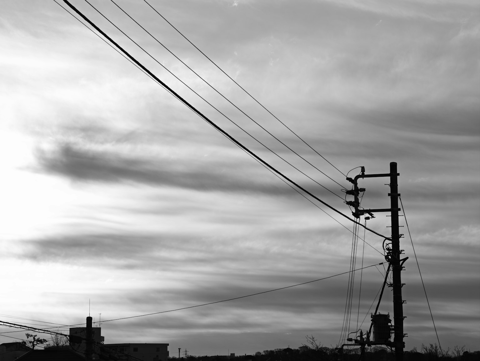 Paisaje en blanco y negro con un poste de electricidad y líneas eléctricas en el cielo