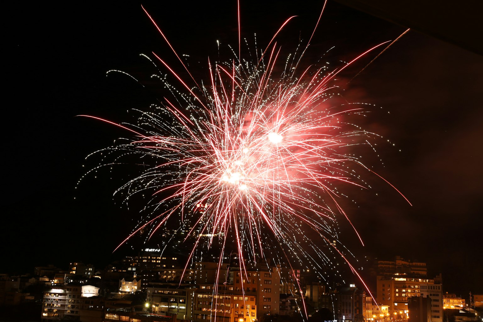 Fuochi d'artificio che esplodono nel cielo notturno sopra lo skyline di una città