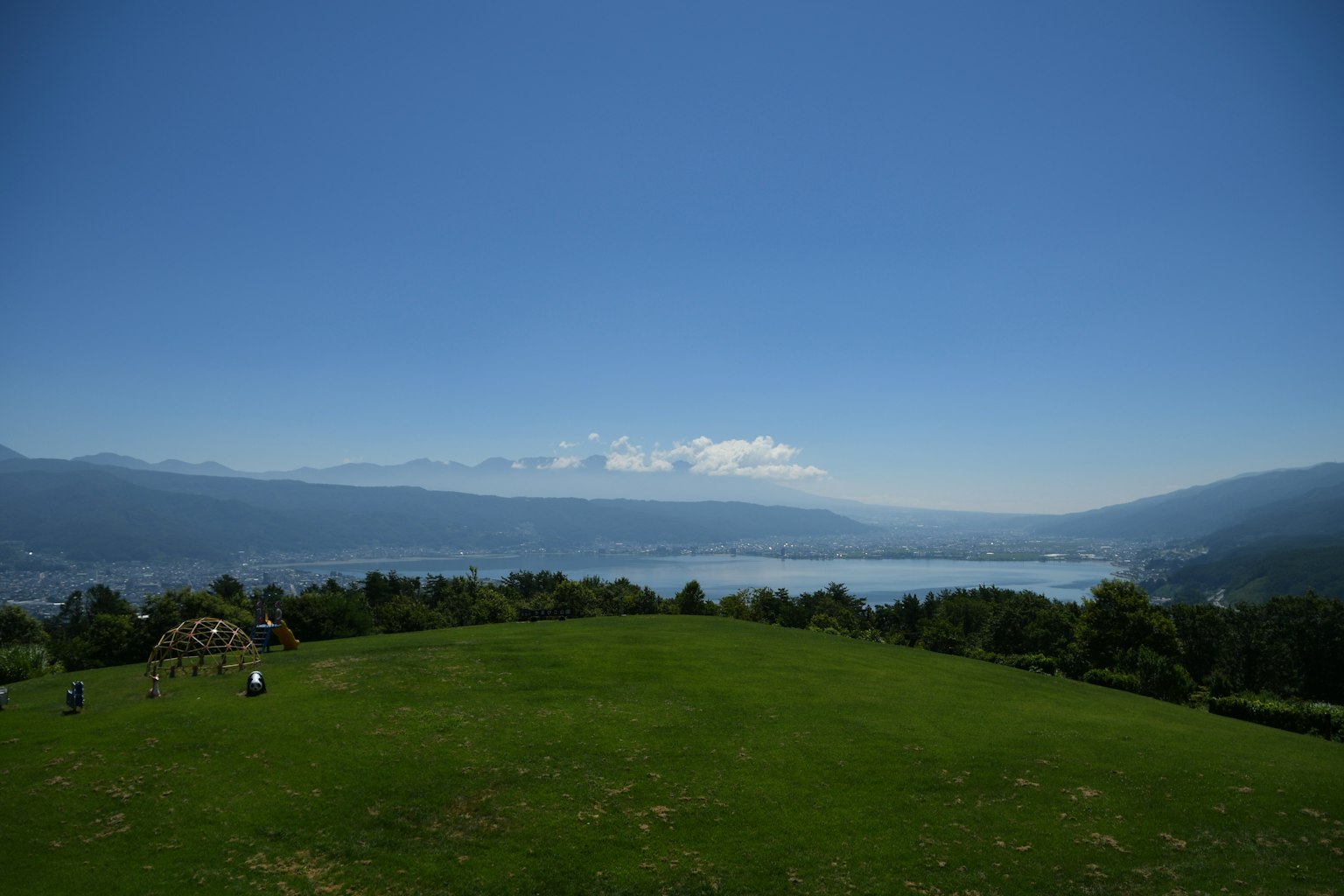 全景视图，蓝天，绿草地，湖泊和远山