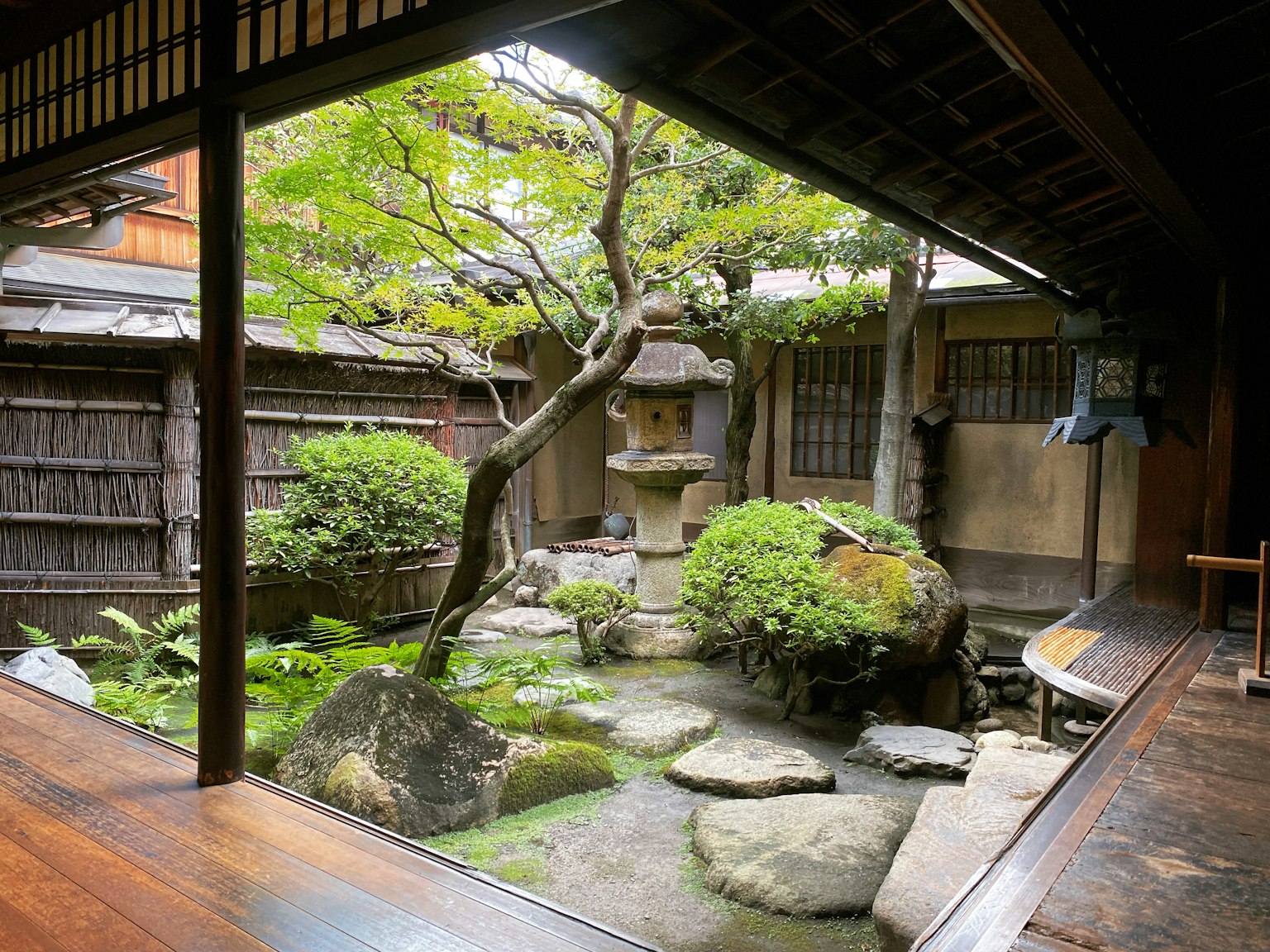 傳統日本庭園的景色 綠色植物和石頭小路可見