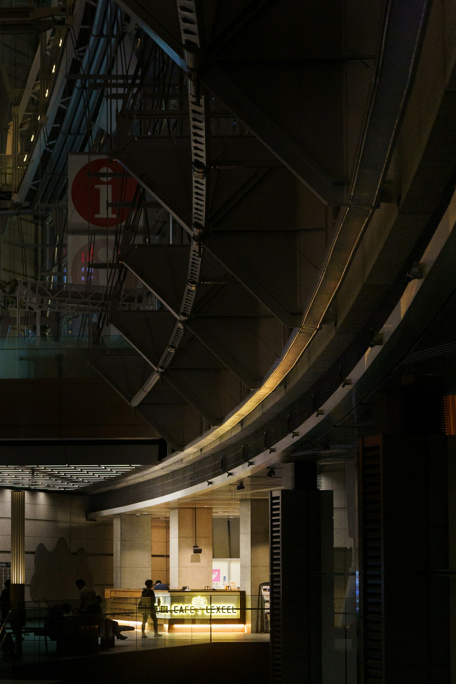 Interior scene with a bright counter in a dark setting