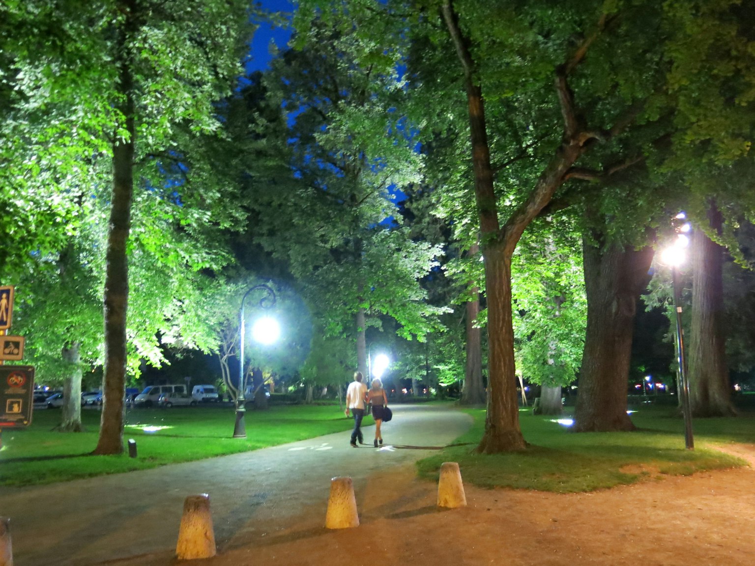 Silhouette d'un couple marchant sur un chemin entouré d'arbres dans un parc la nuit