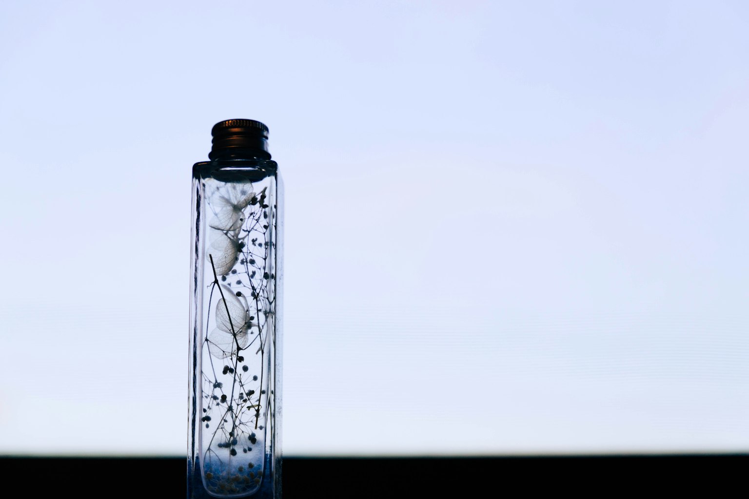 Transparente Flasche mit Blasen, die die natürliche Schönheit zeigt
