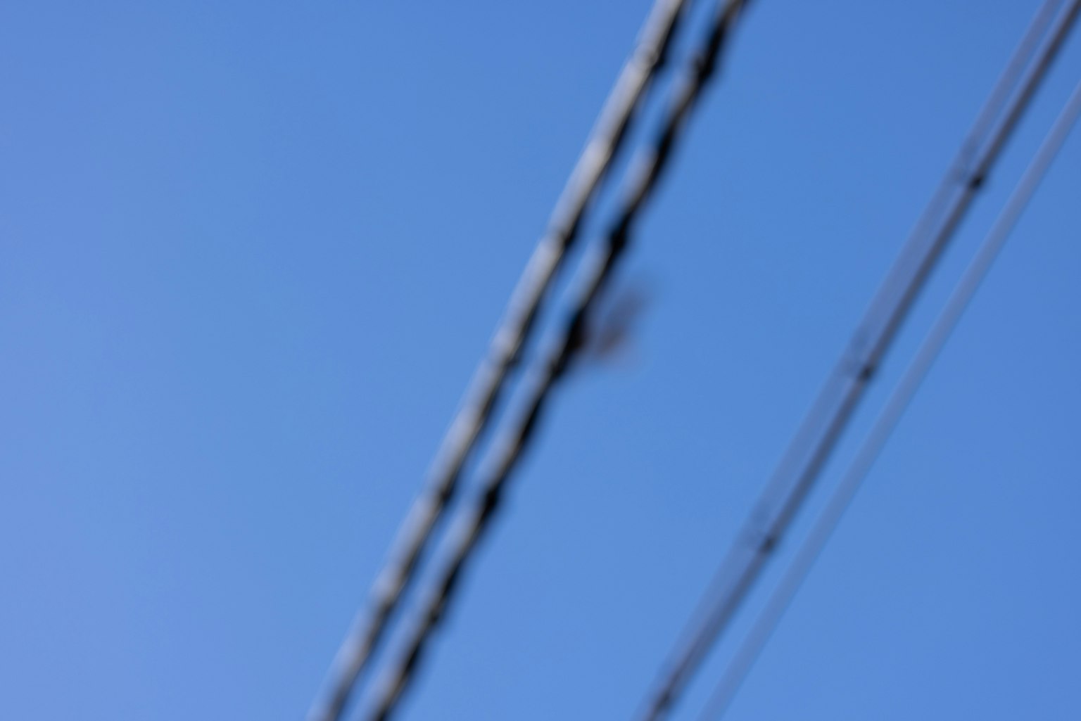 Immagine sfocata di linee elettriche contro un cielo blu