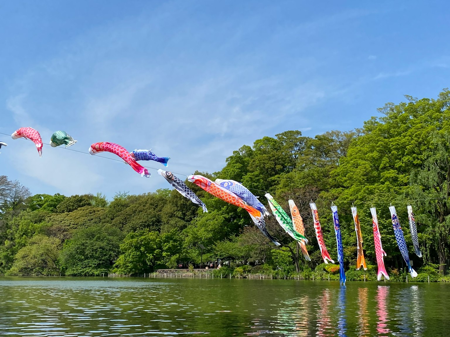 Koinobori che volano nel cielo riflessi sulla superficie dell'acqua sotto un cielo blu