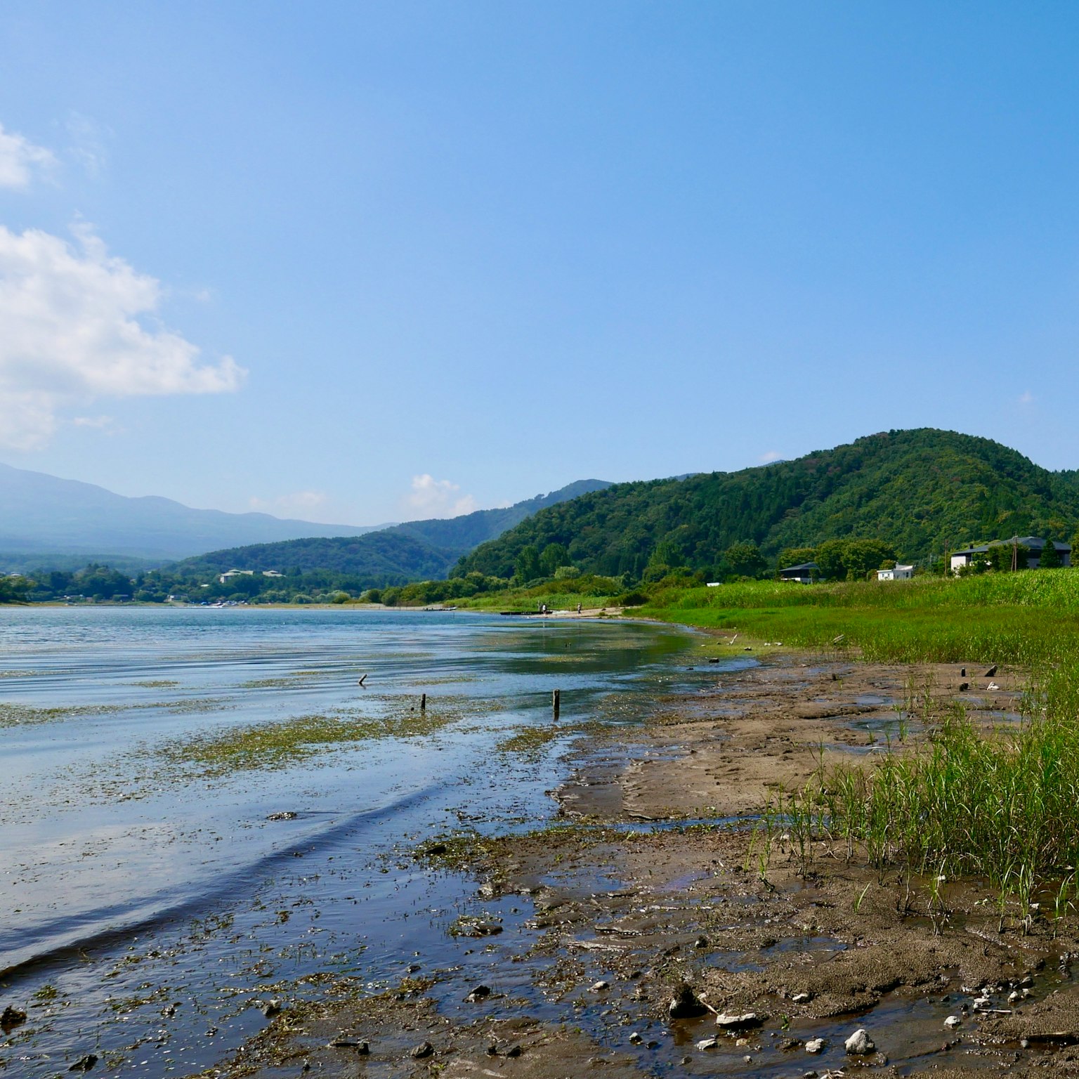 Scenic lakeside view with lush green hills and clear blue sky