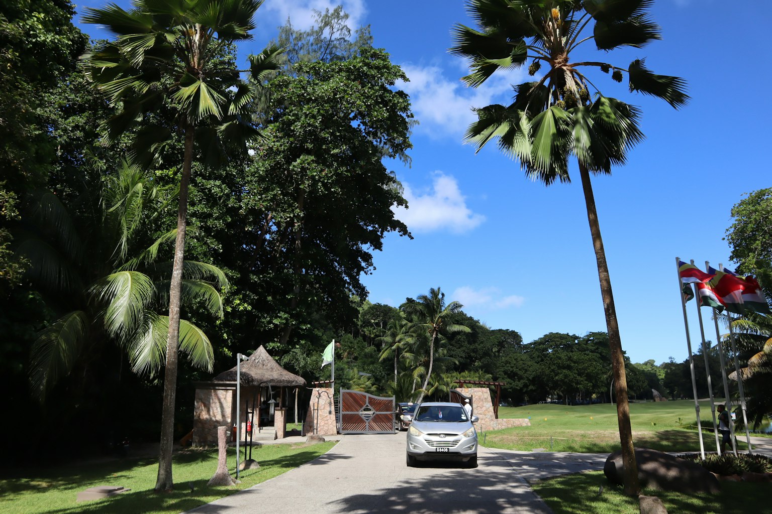 Entrance with lush greenery and a car