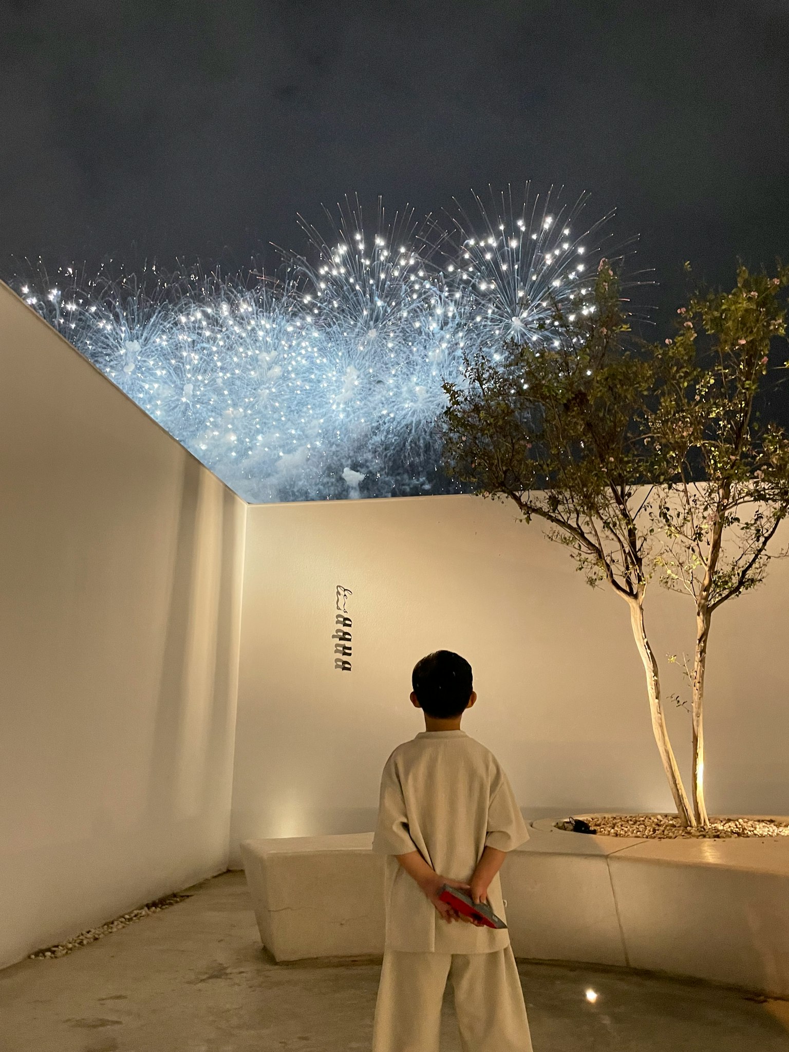 Kind, das Feuerwerk am Nachthimmel betrachtet, steht in einem ruhigen Raum mit weißen Wänden und Bäumen