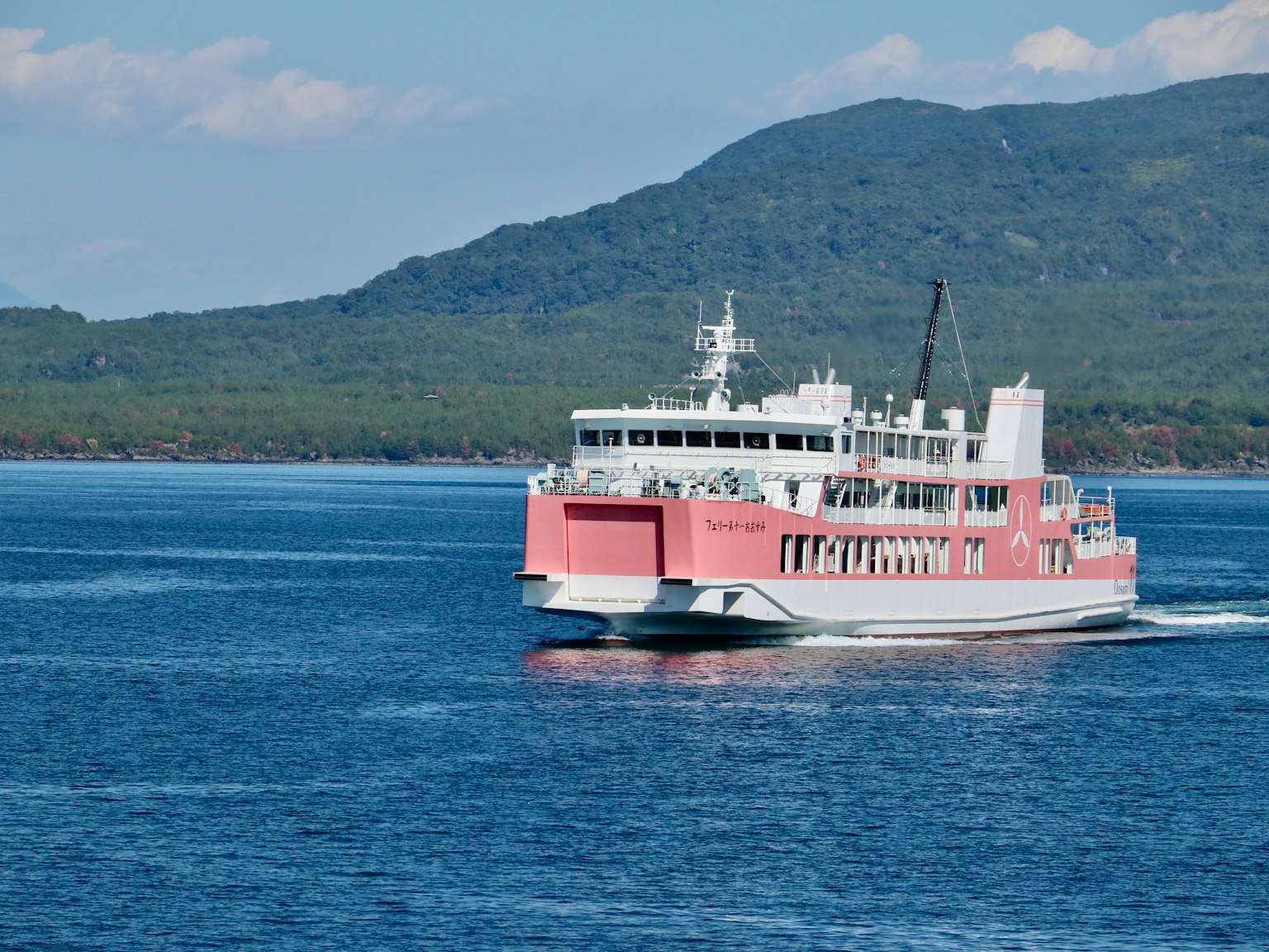 Ferry rosa navegando en agua azul con montañas verdes al fondo