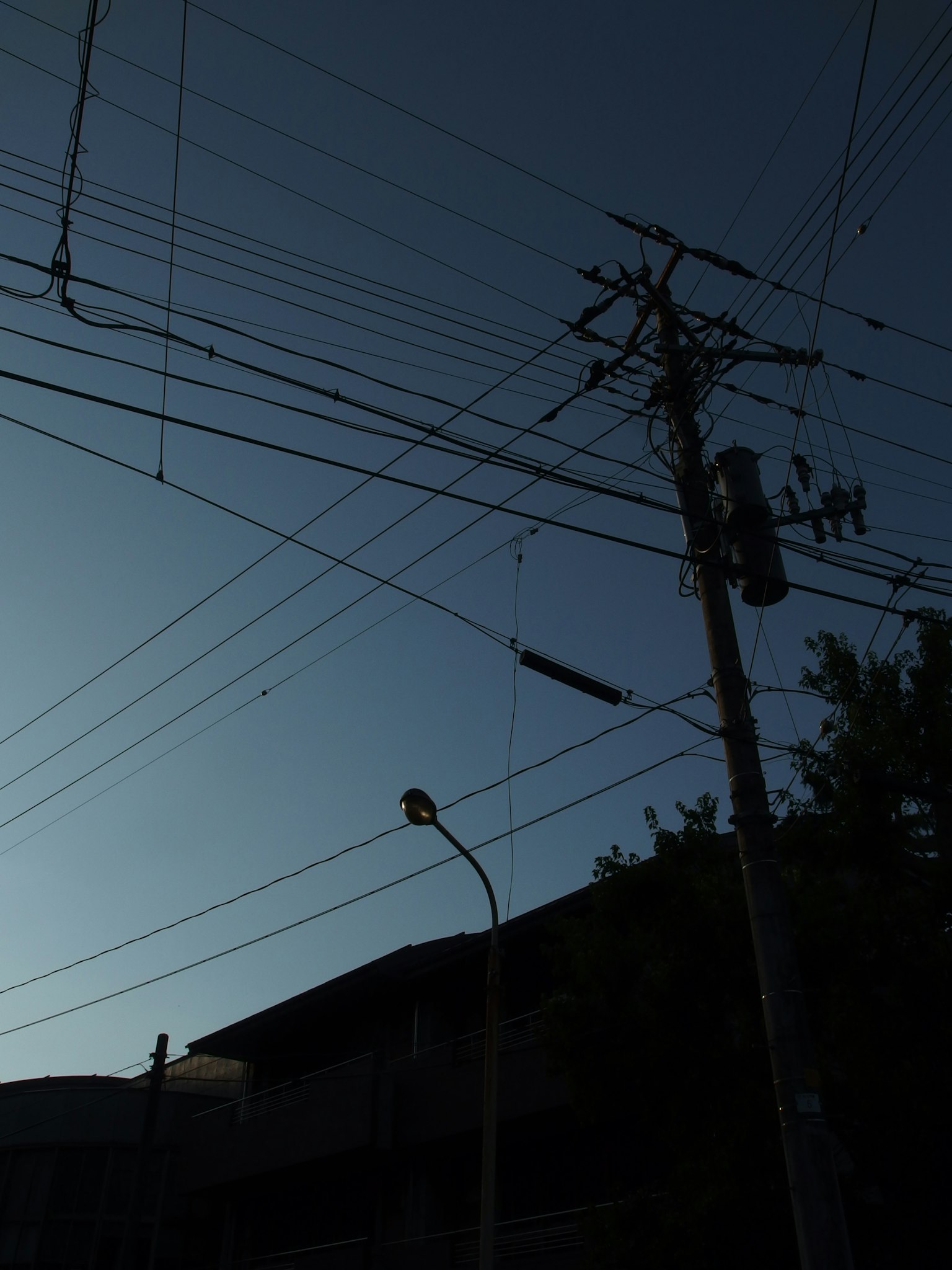 Silhouette de poteaux électriques et de lignes à l'aube