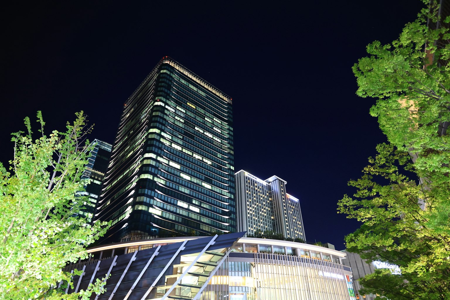Paysage urbain nocturne avec des gratte-ciels et des arbres verts