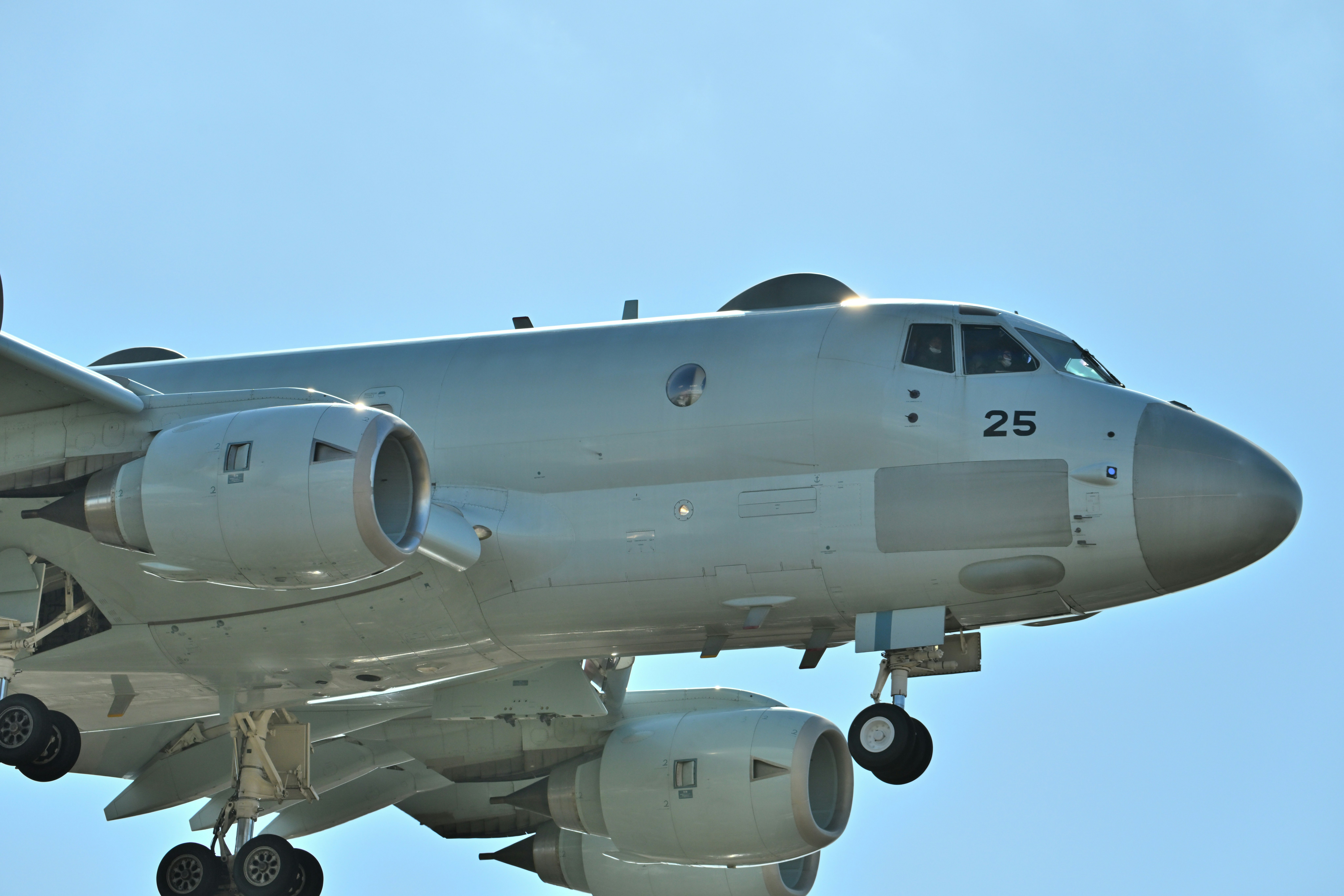 空を飛ぶ軍用機の機首と主翼のアップ