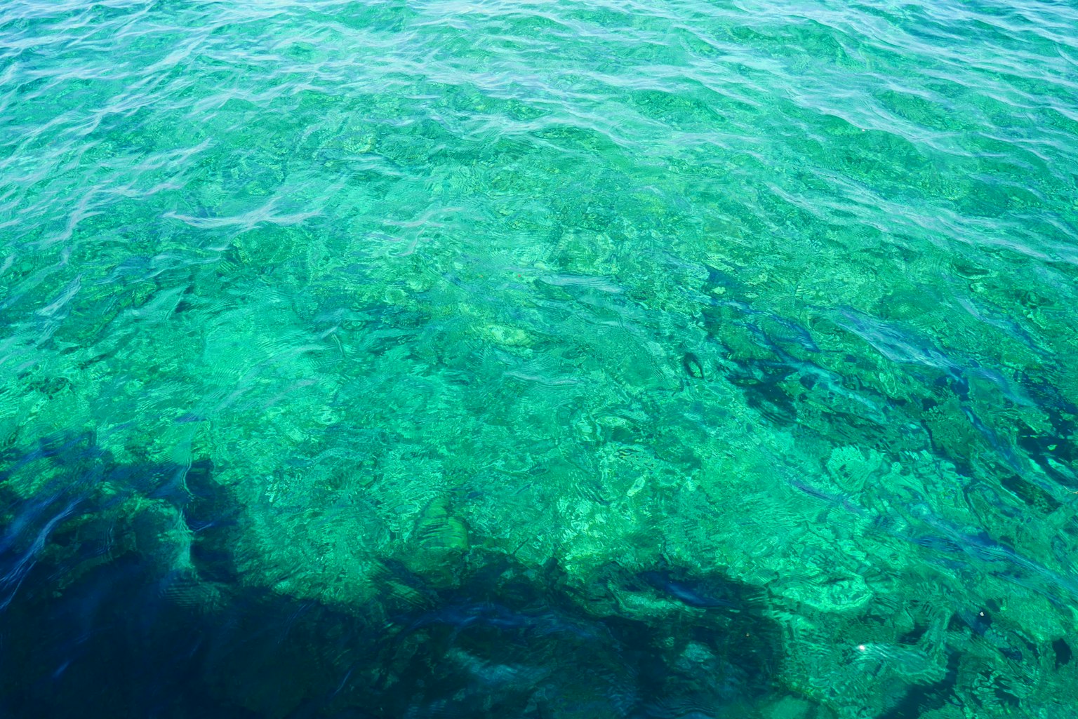 Acqua turchese trasparente che rivela barriere coralline sottostanti