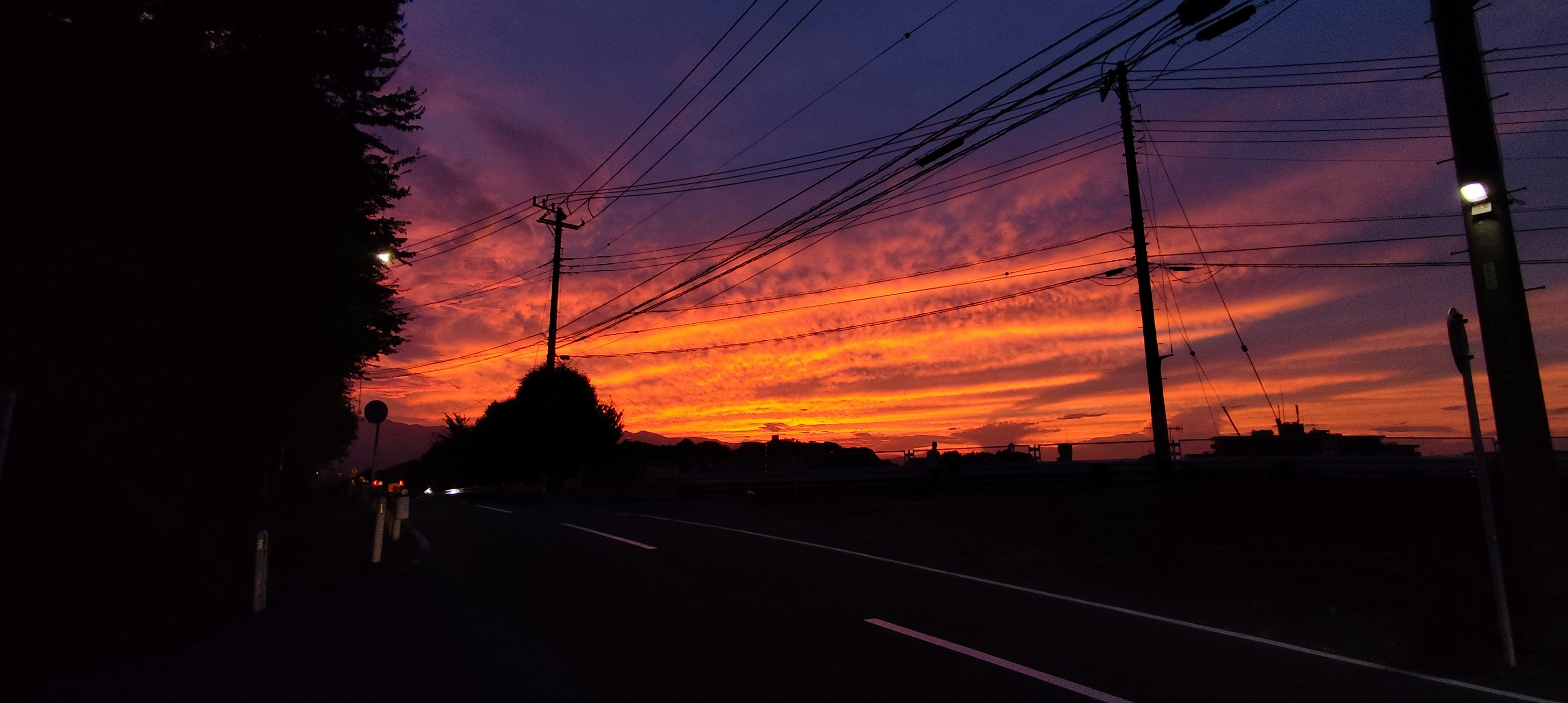 帰り途の夕焼けの道沿いの電柱と空