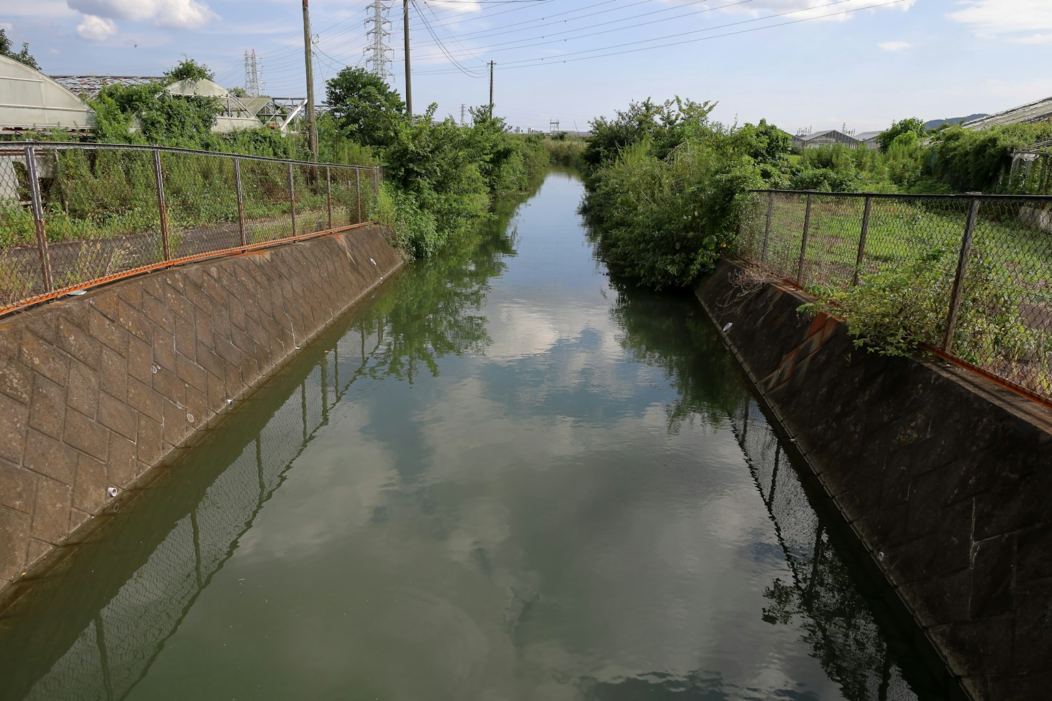 Calm waterway reflecting surrounding greenery and sky