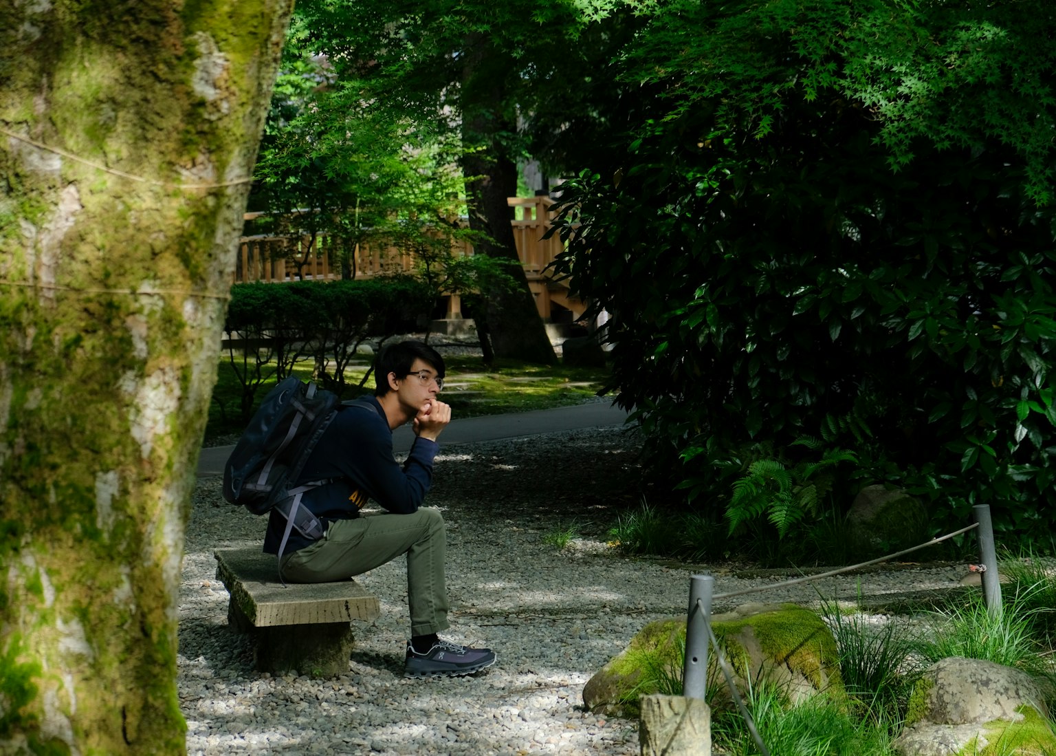 一個男人坐在公園長椅上,周圍是綠色的樹木和寧靜的風景