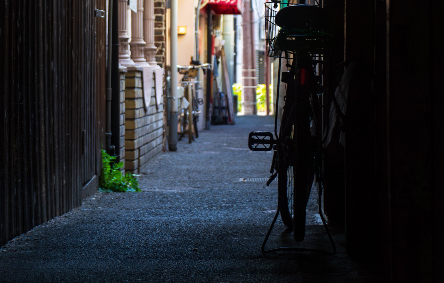 Schmale Gasse mit einem Fahrrad an der Wand grüne Pflanzen am Boden sichtbar