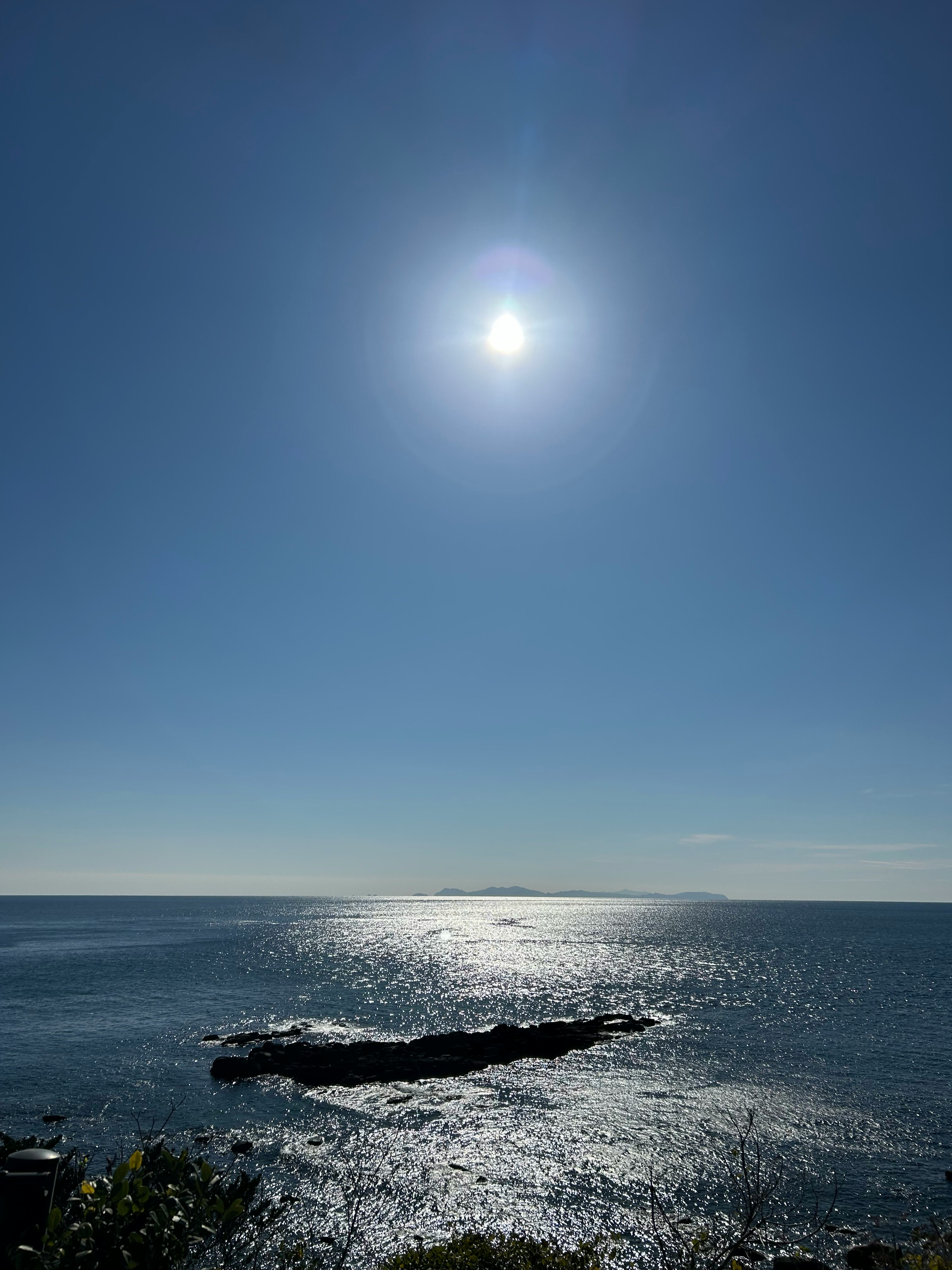 水平線に広がる海と岩場のある海岸の風景