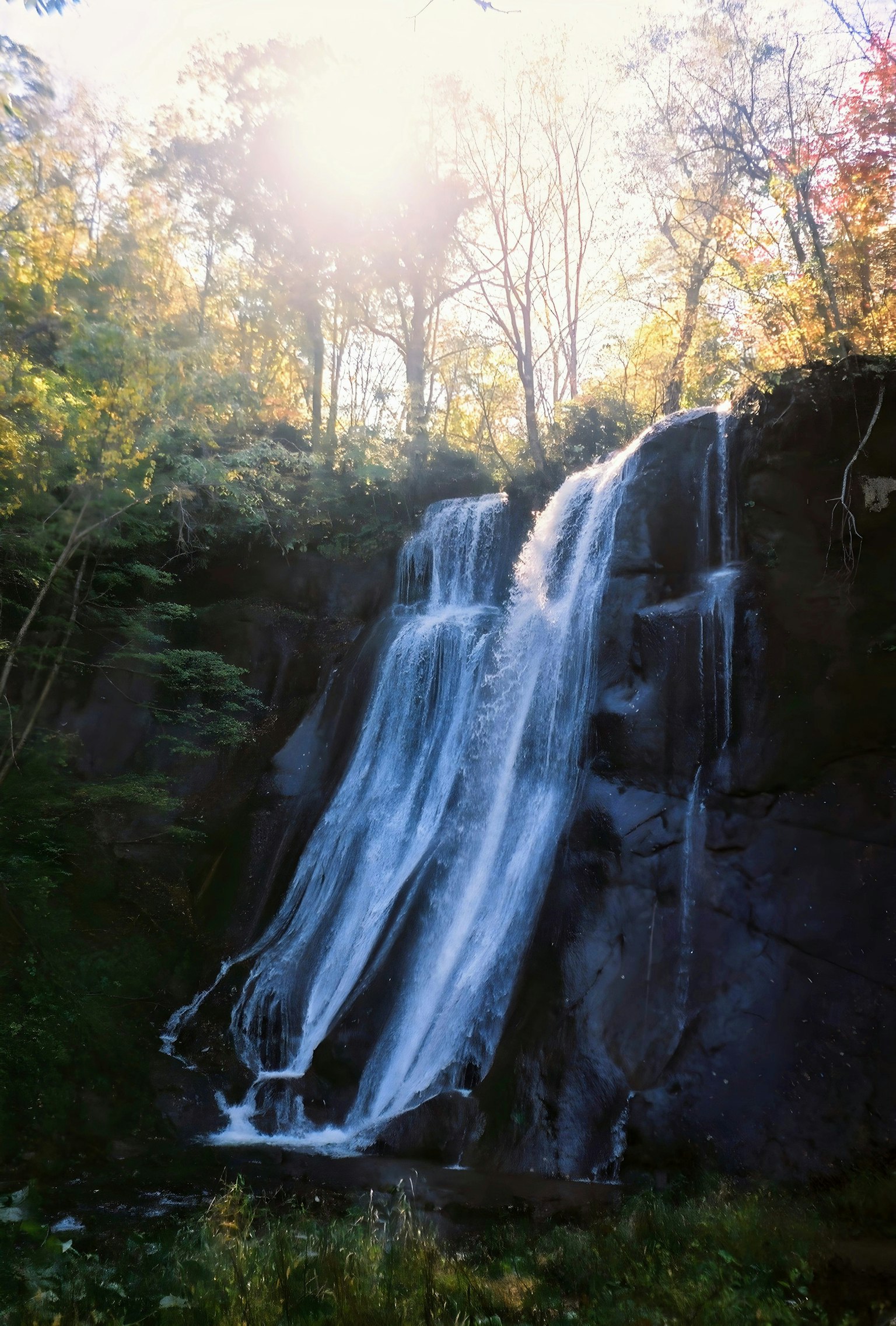 Ein ruhiger Wasserfall, der über Felsen fließt, umgeben von üppigem Grün
