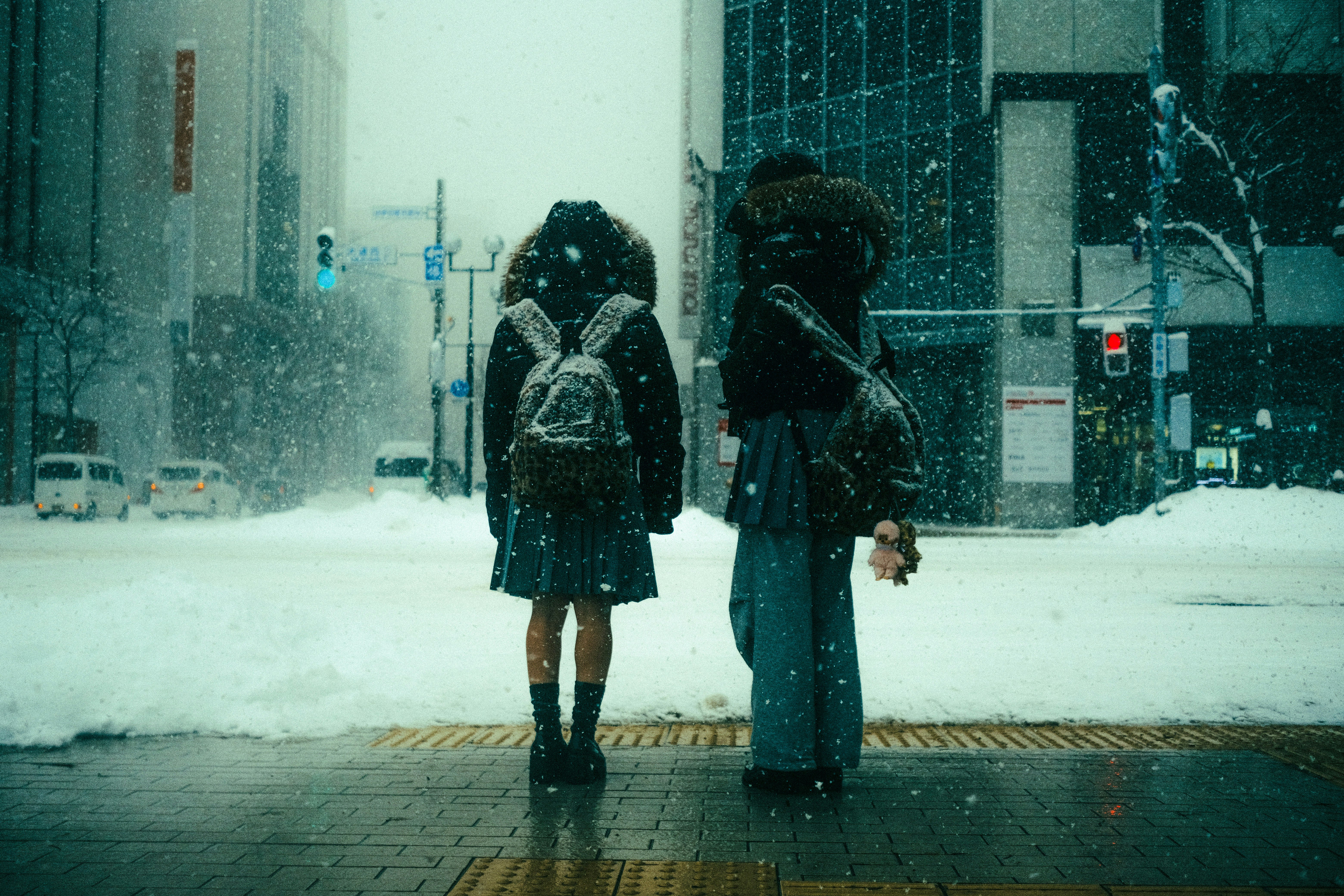 雪の中を歩くフード付きの2人