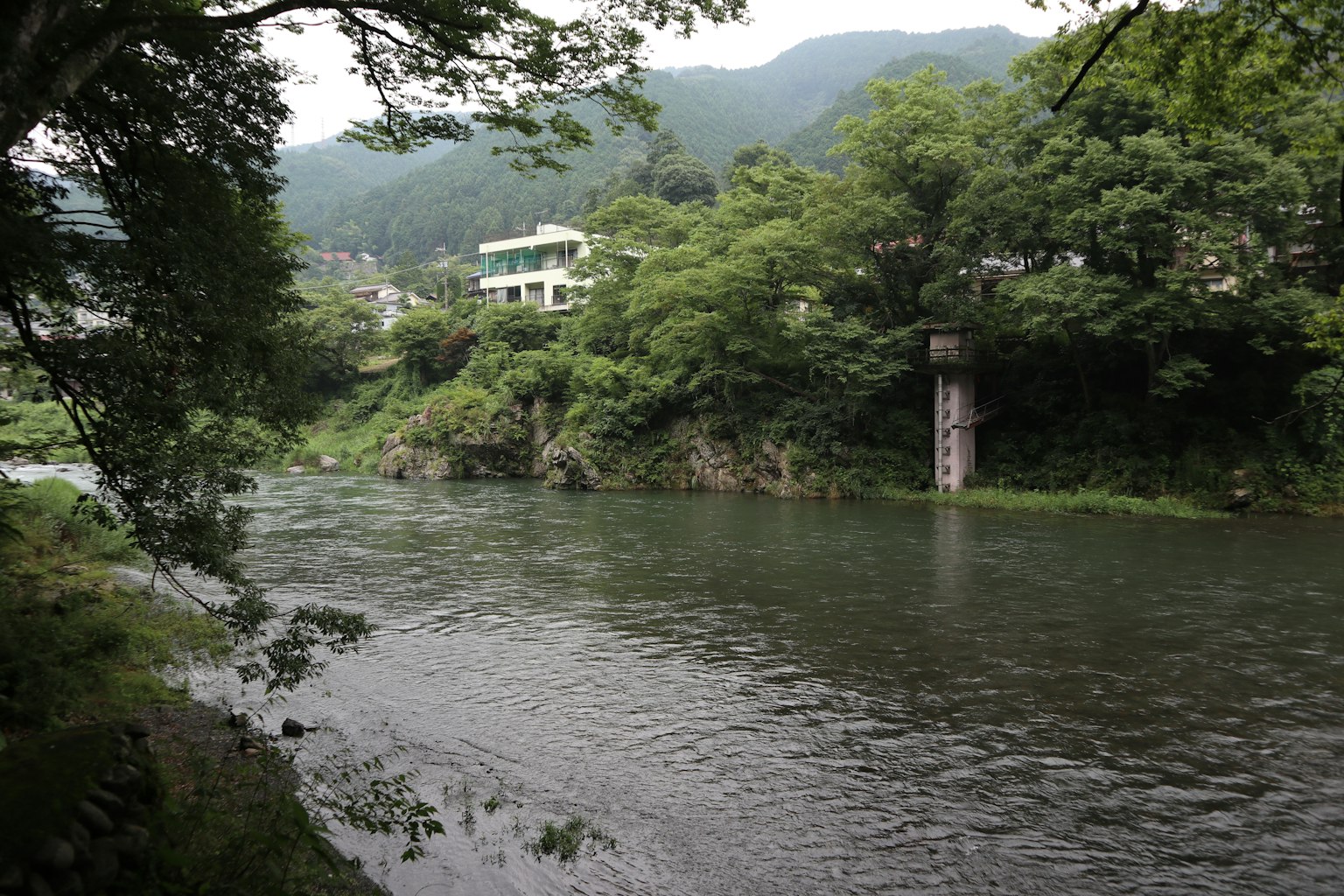 Rivière sereine entourée de verdure luxuriante et de montagnes