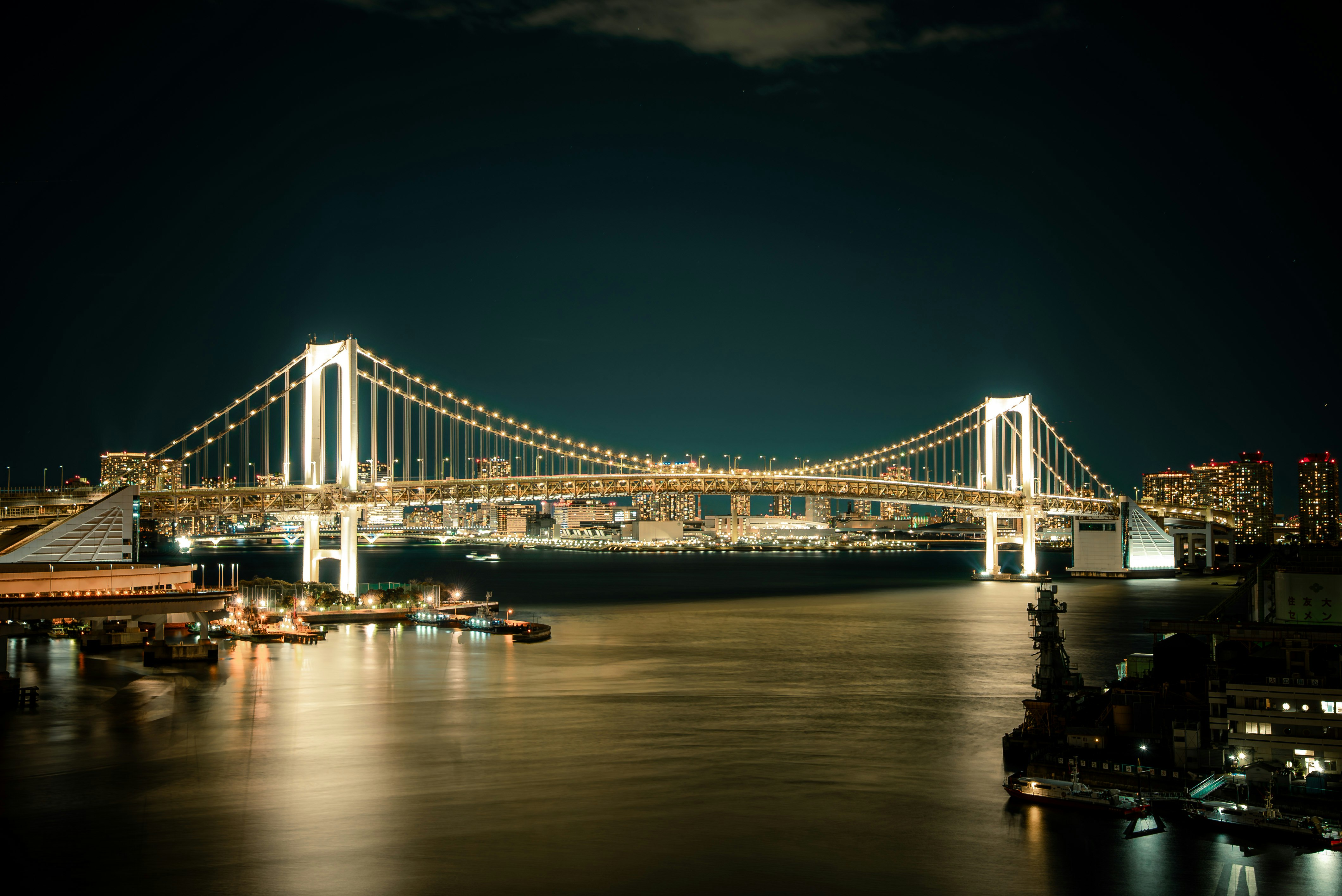 夜の川にかかるライトアップされた大橋の夜景
