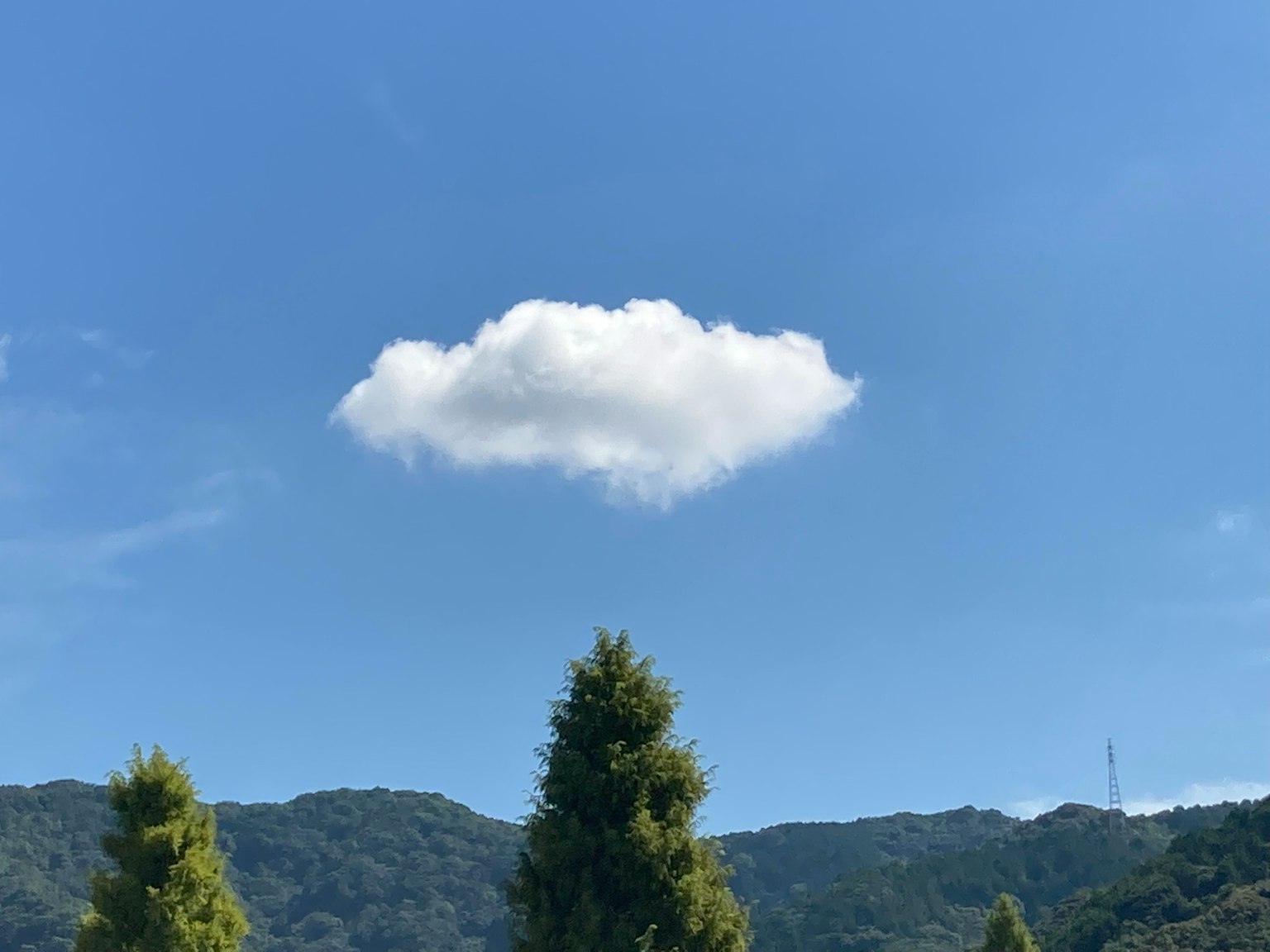 Una nube blanca flotando en un cielo azul sobre árboles verdes