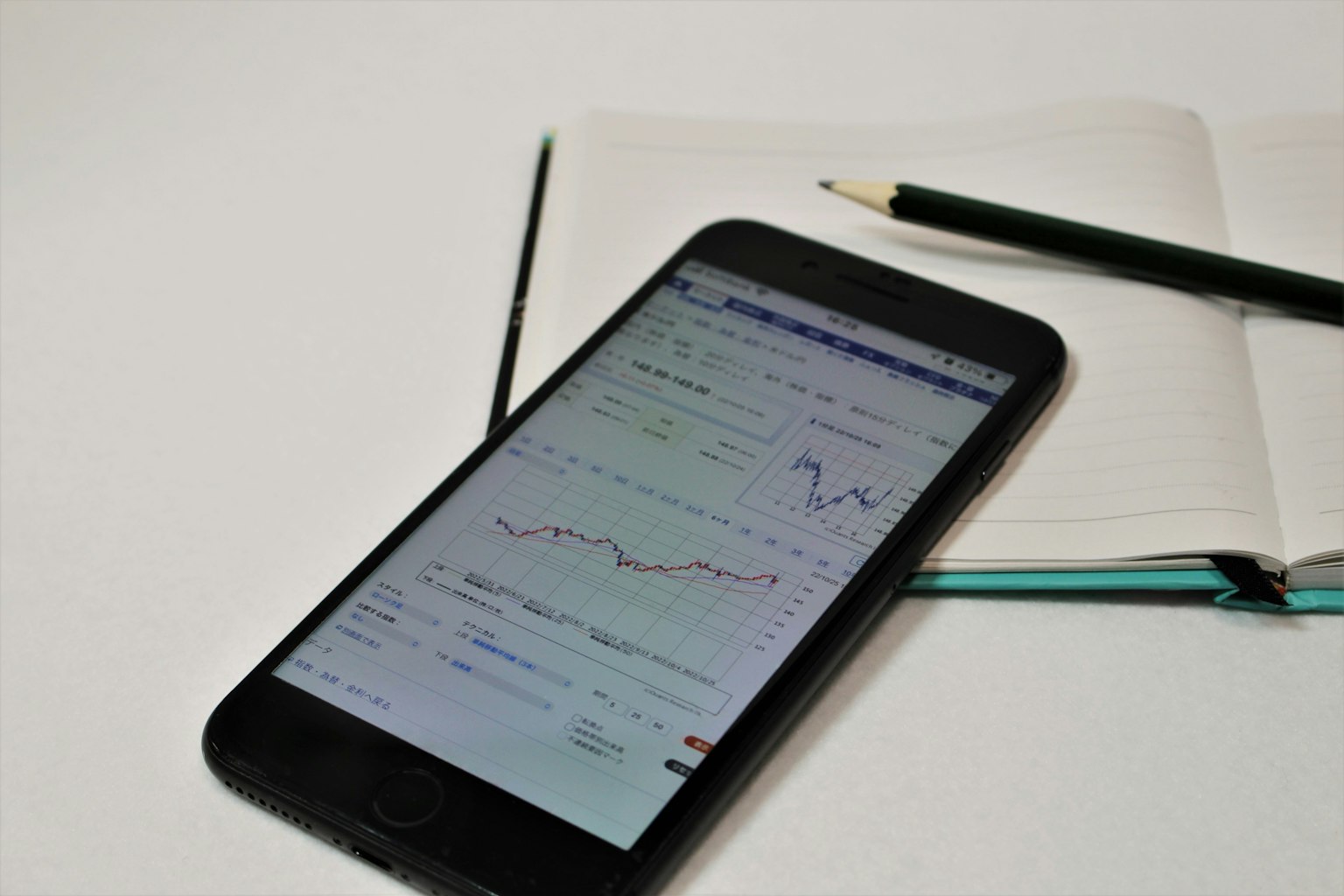Un smartphone affichant des graphiques à côté d'un carnet et d'un crayon